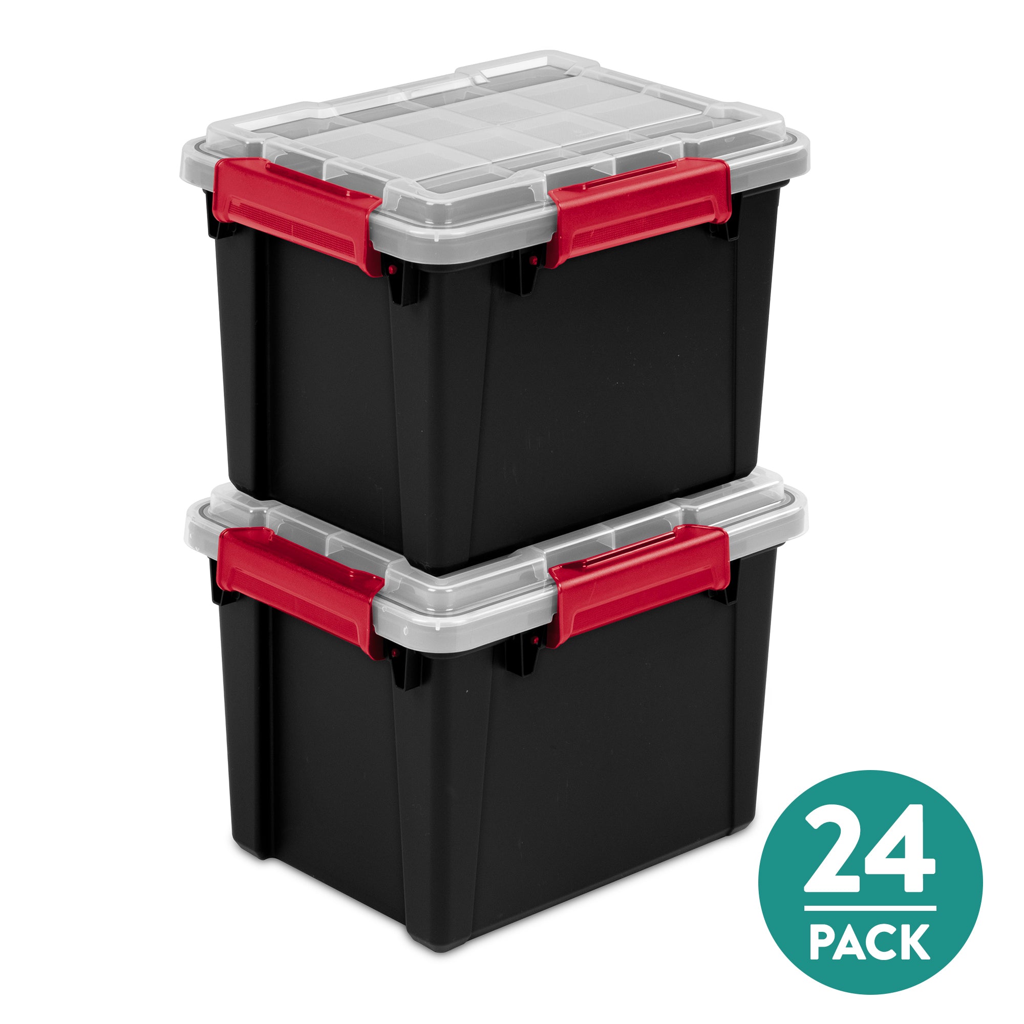 Sterilite 5 Gal Gasket Box, Stackable Storage Container with Lid, Black, 24 Pack