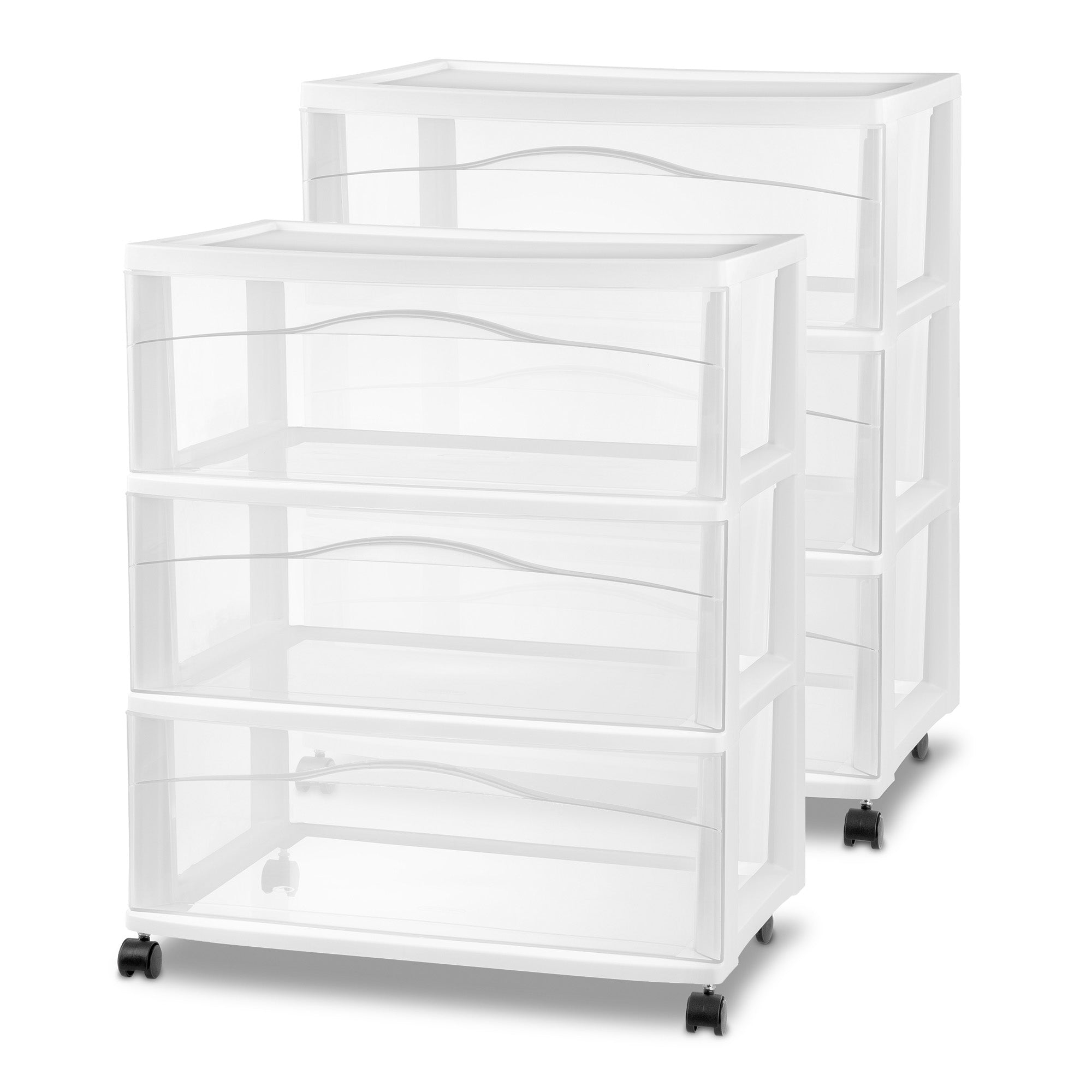 Sterilite Wide 3 Drawer Storage Cart, Plastic Rolling Organizer, White, 2 Pack - VMInnovations