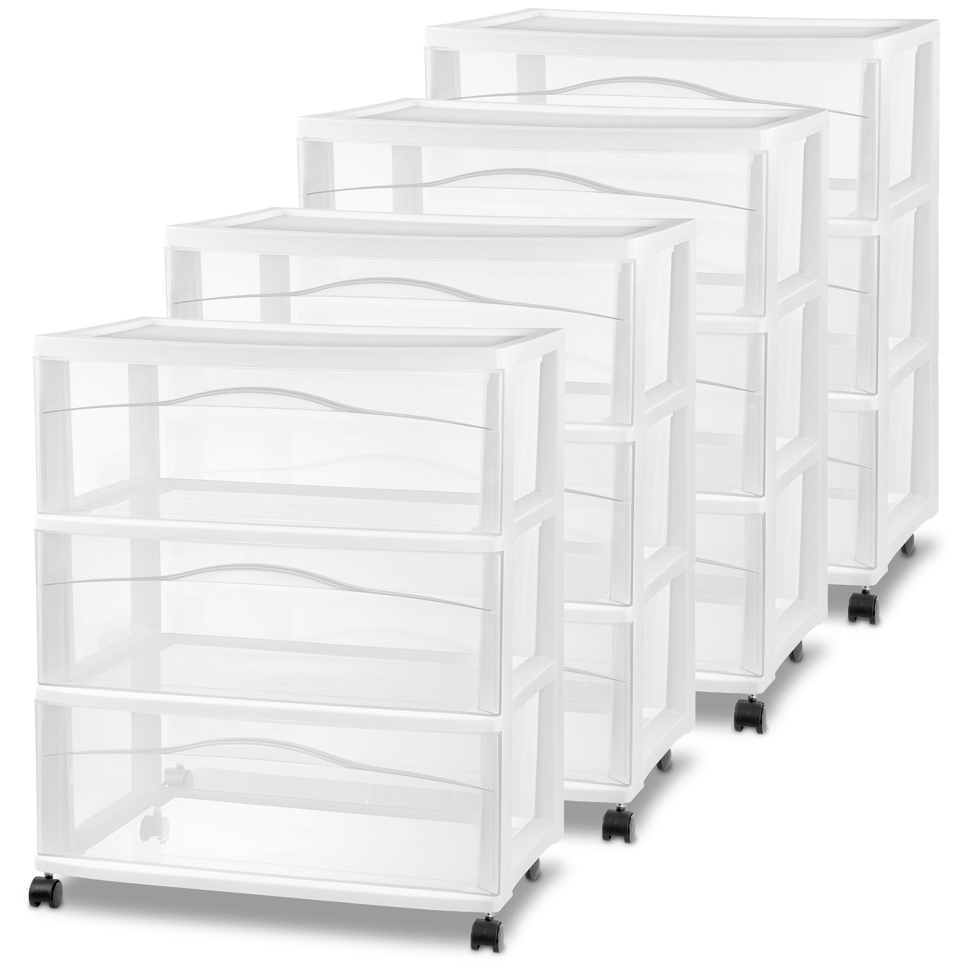 Sterilite Wide 3 Drawer Storage Cart, Plastic Rolling Organizer, White, 4 Pack - VMInnovations