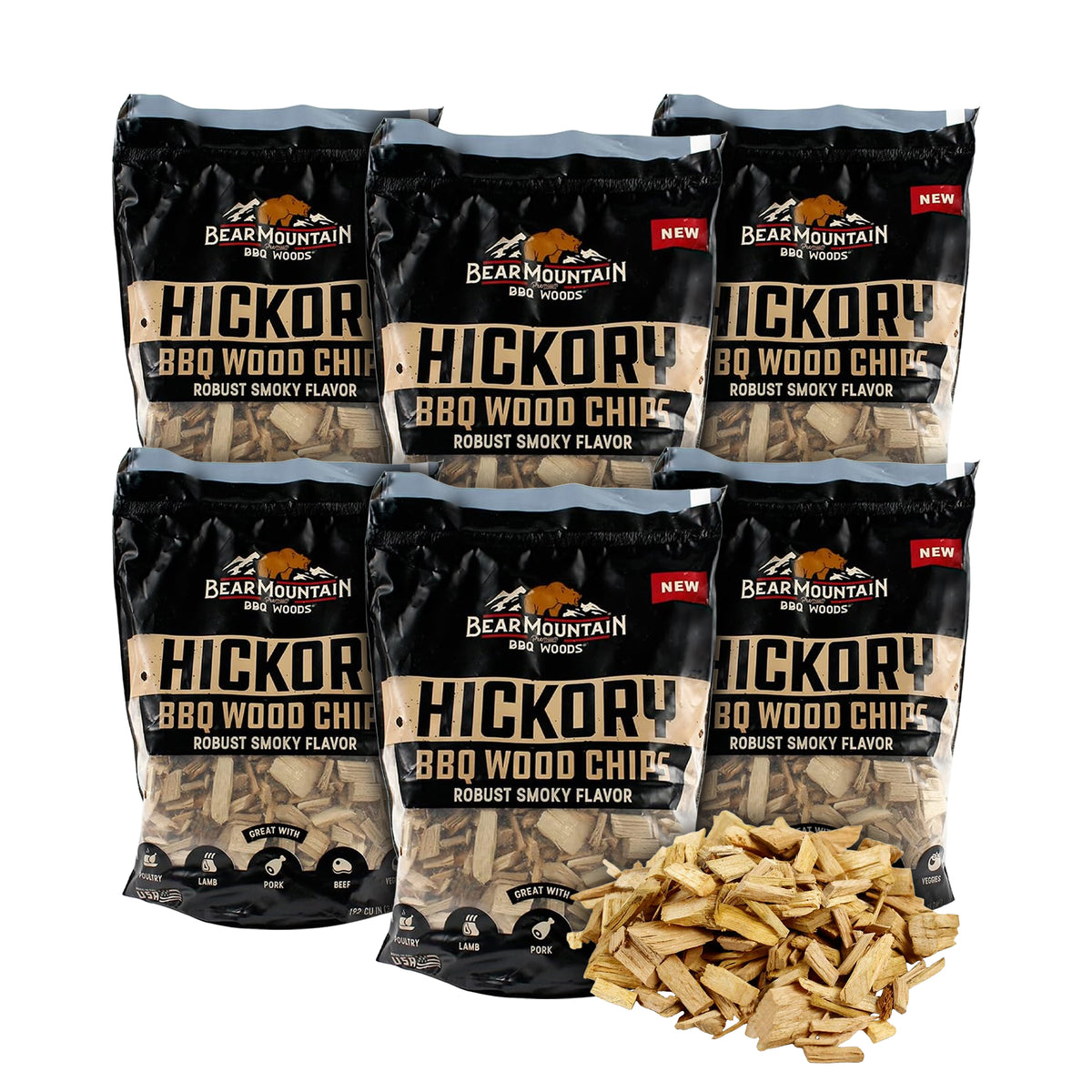 Bear Mountain BBQ Hickory BBQ Wood Chips for Outdoor Grill, 2 lb Bag-Pack of 6 - VMInnovations