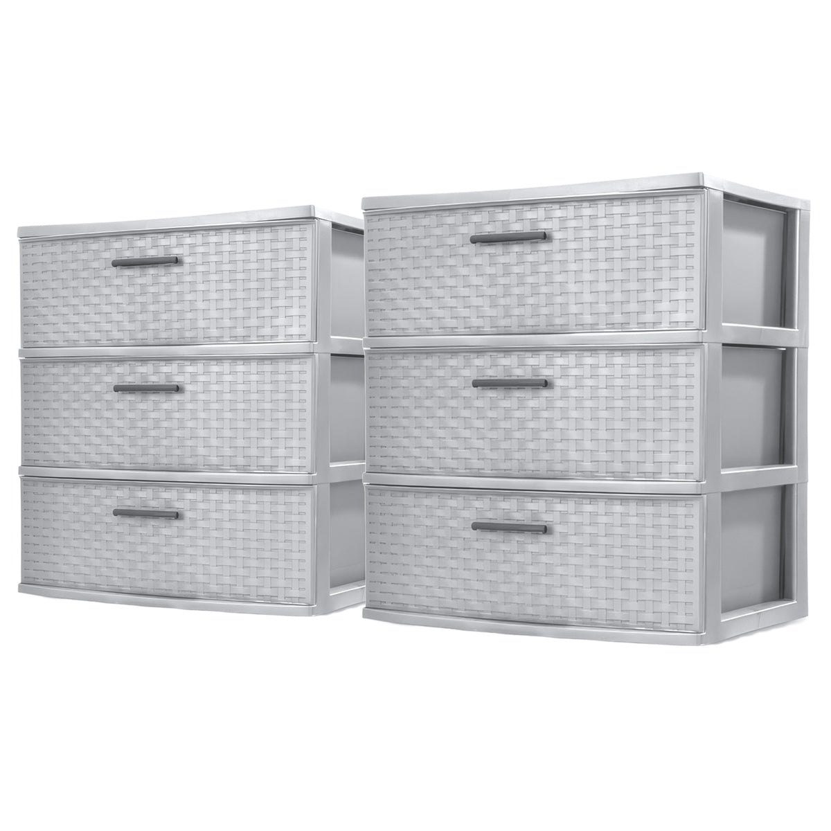 Sterilite 3 Drawer Wide Storage Tower, Plastic Weave Organizer, Cement, 2 Pack - VMInnovations