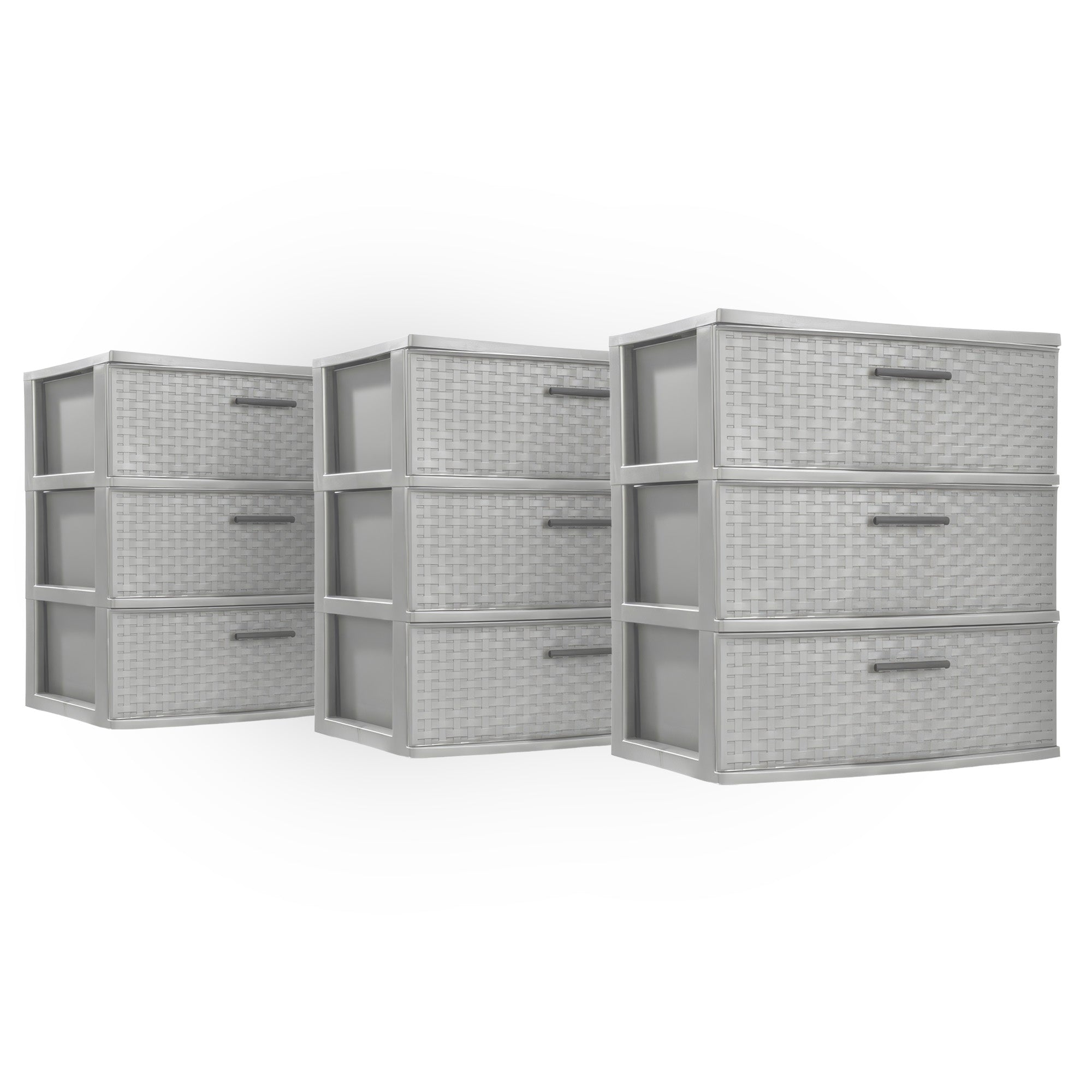Sterilite 3 Drawer Wide Storage Tower, Plastic Weave Organizer, Cement, 3 Pack - VMInnovations