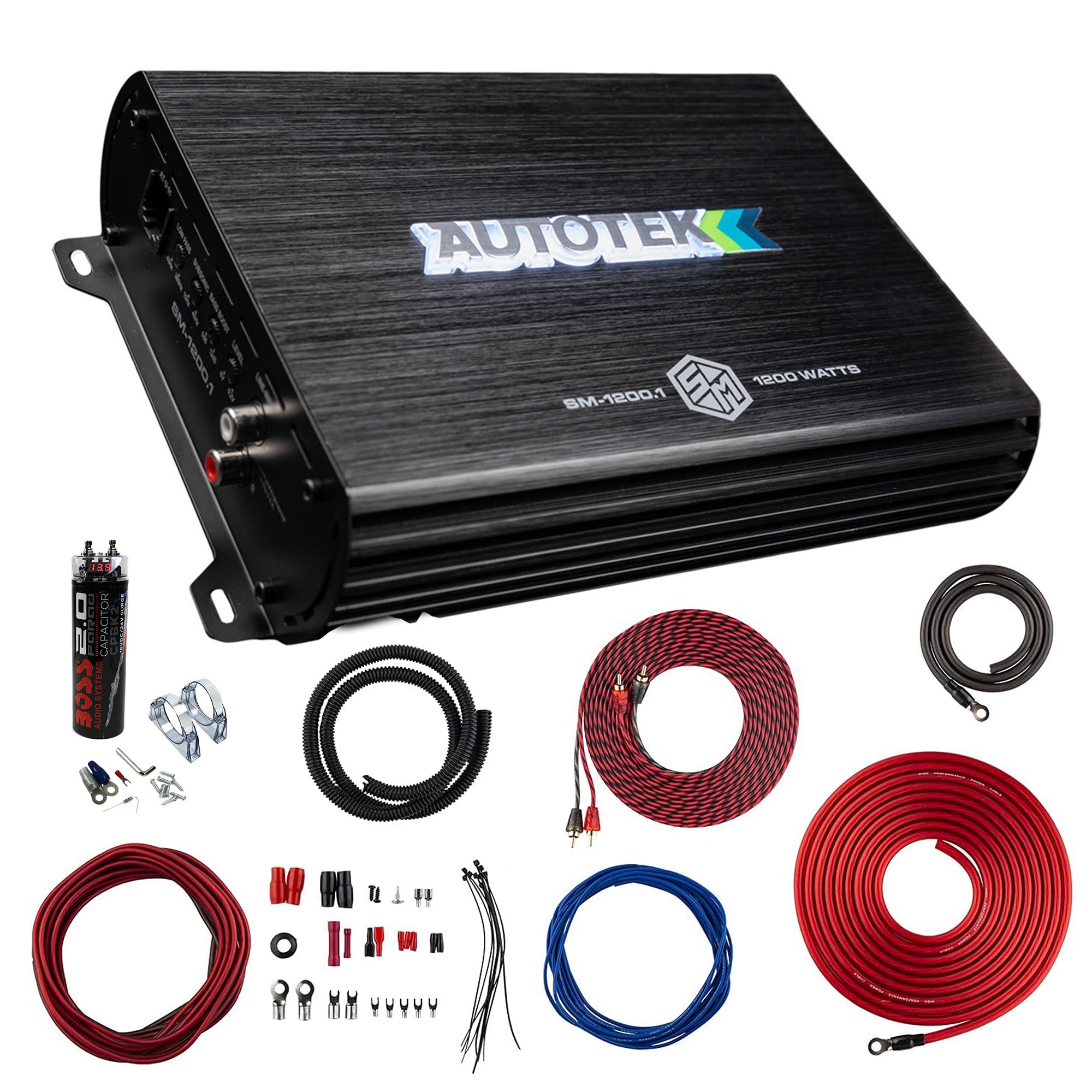 Autotek 1200W Car Audio Amplifier with 4 Gauge Wiring Kit and Power Capacitor