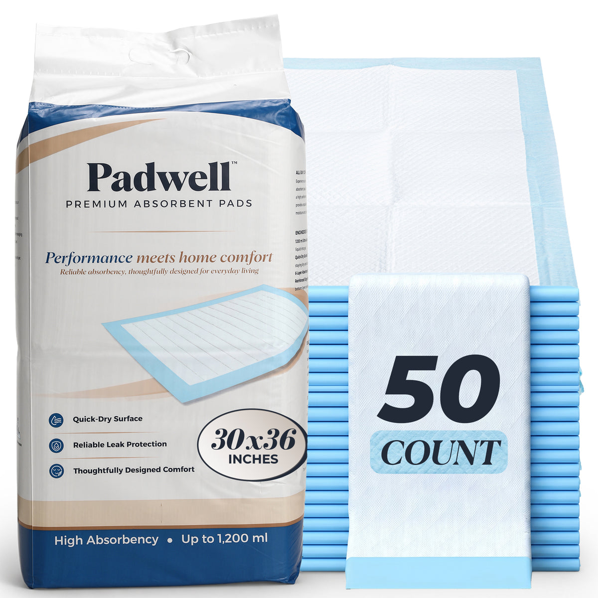Padwell Absorbent Pads for Bed and Floor Protection, 30 x 36 Inches, 50 Count