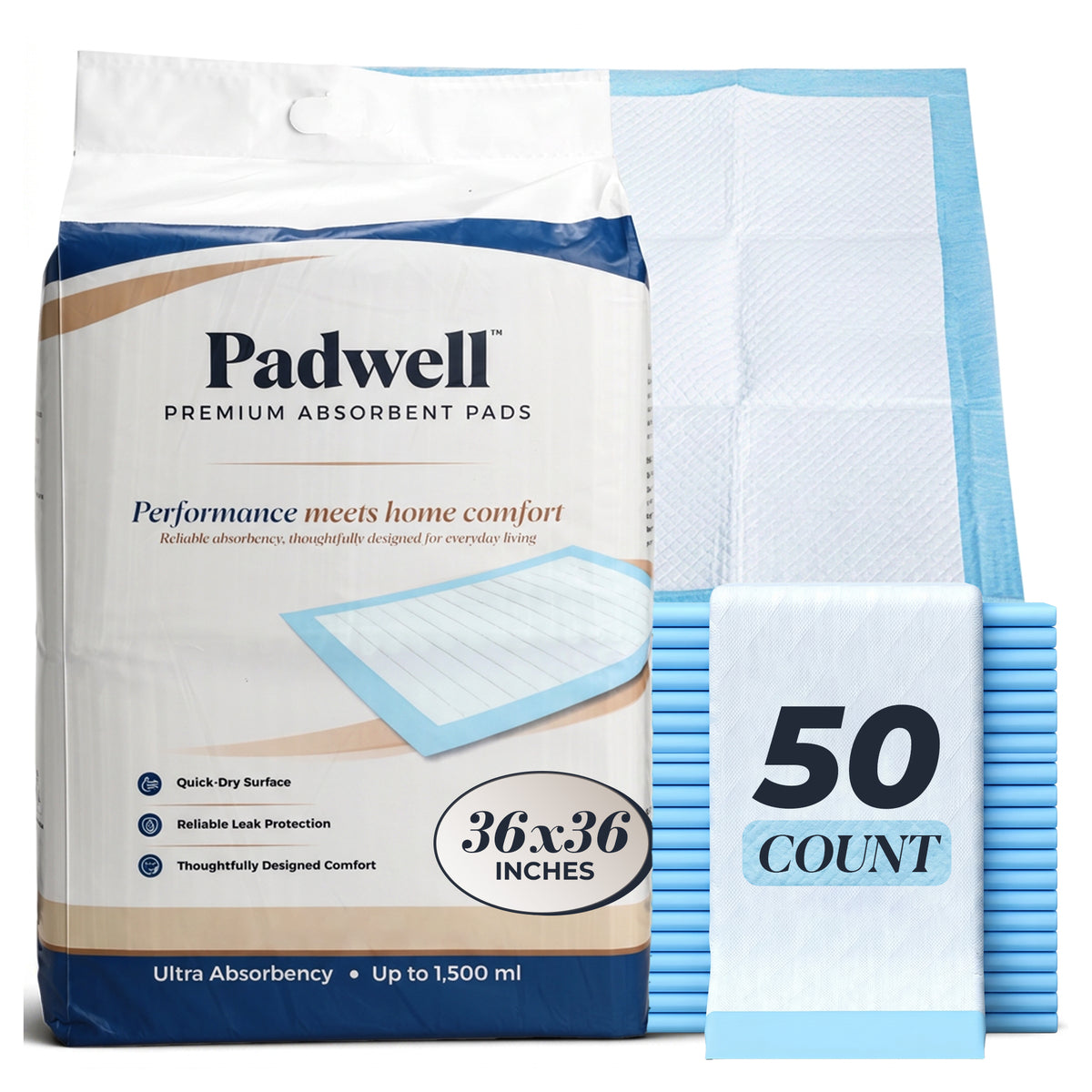Padwell Absorbent Pads for Bed and Floor Protection, 36 x 36 Inches, 50 Count
