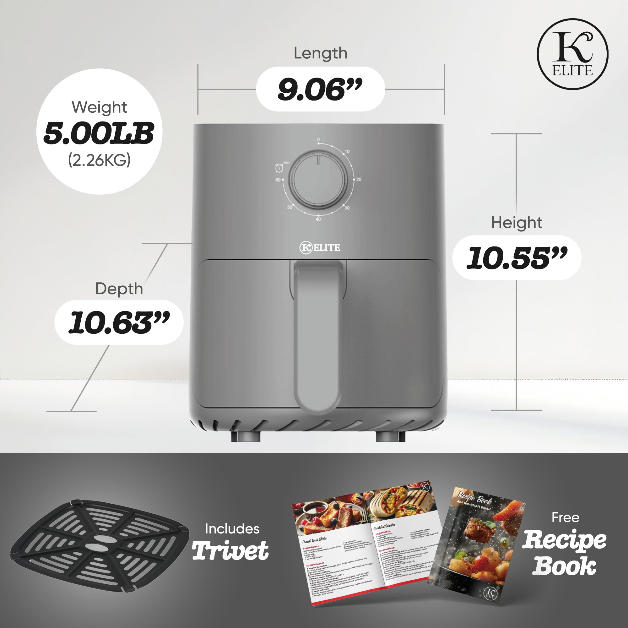 Kitchen Elite 2.2 Qt. Compact Mechanical Air Fryer, Countertop Cooker, Gray - VMInnovations
