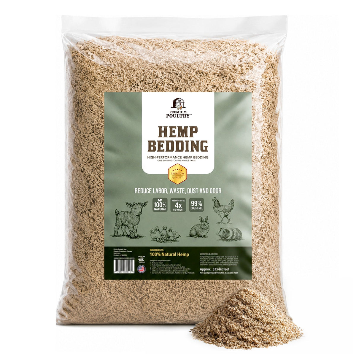 Premium Poultry Hemp Bedding Low Dust Absorbent Chicken Coop Substrate, 22.5 Lb - VMInnovations