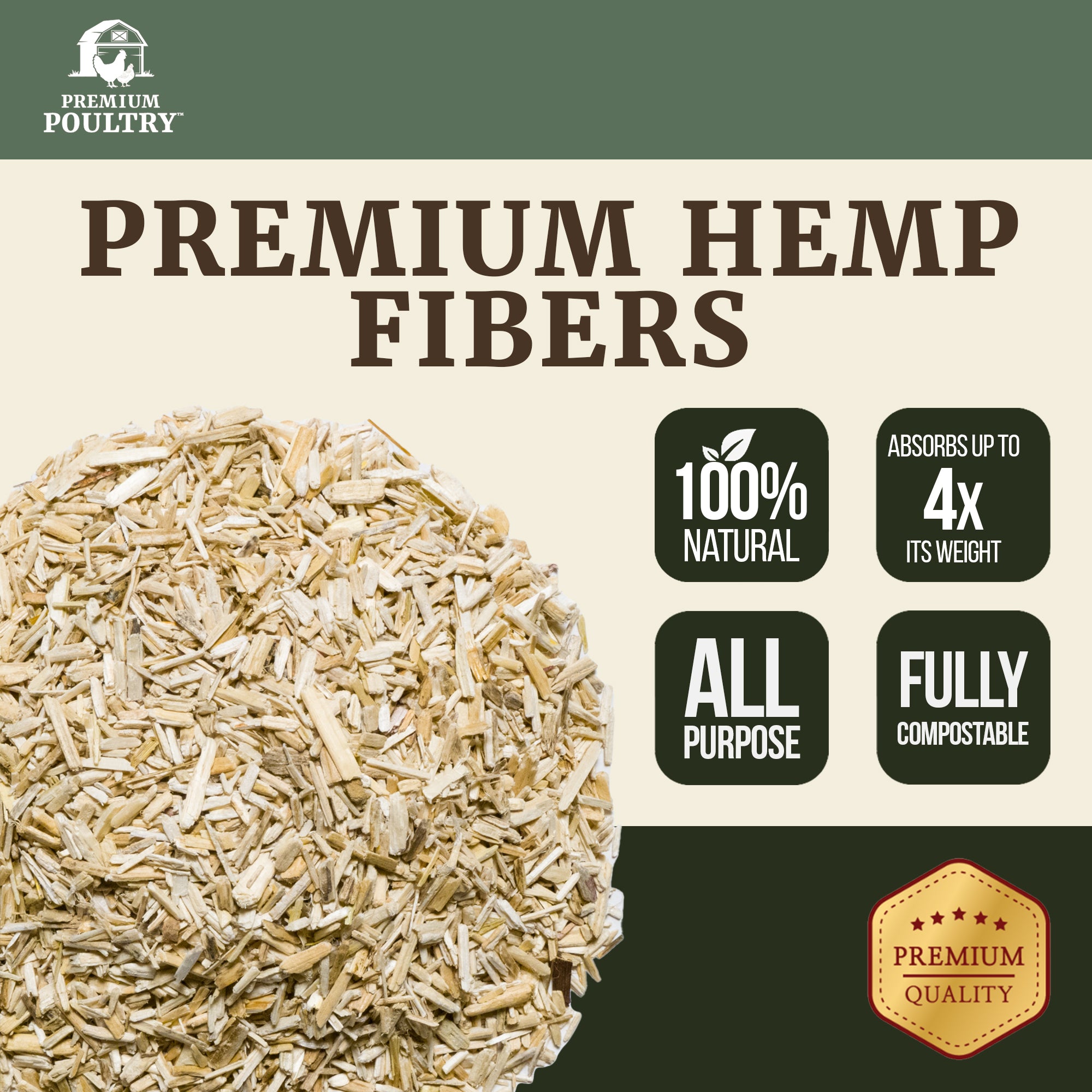 Premium Poultry Hemp Bedding Low Dust Absorbent Chicken Coop Substrate, 22.5 Lb