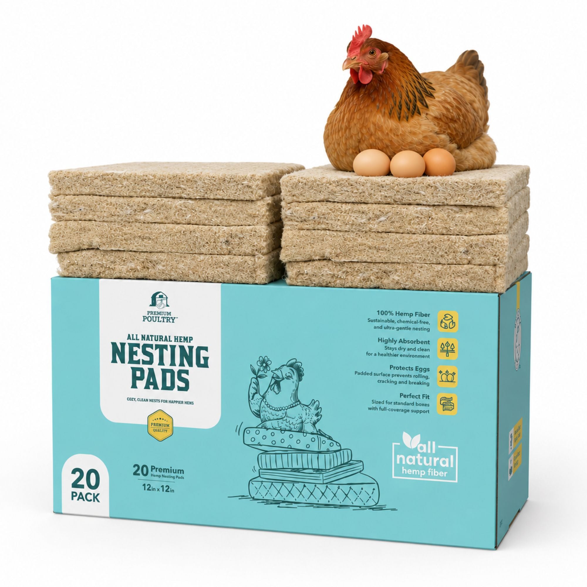 Premium Poultry Hemp Nesting Pads, Coop Bedding for Laying Hens, 12x12, 20 Pack