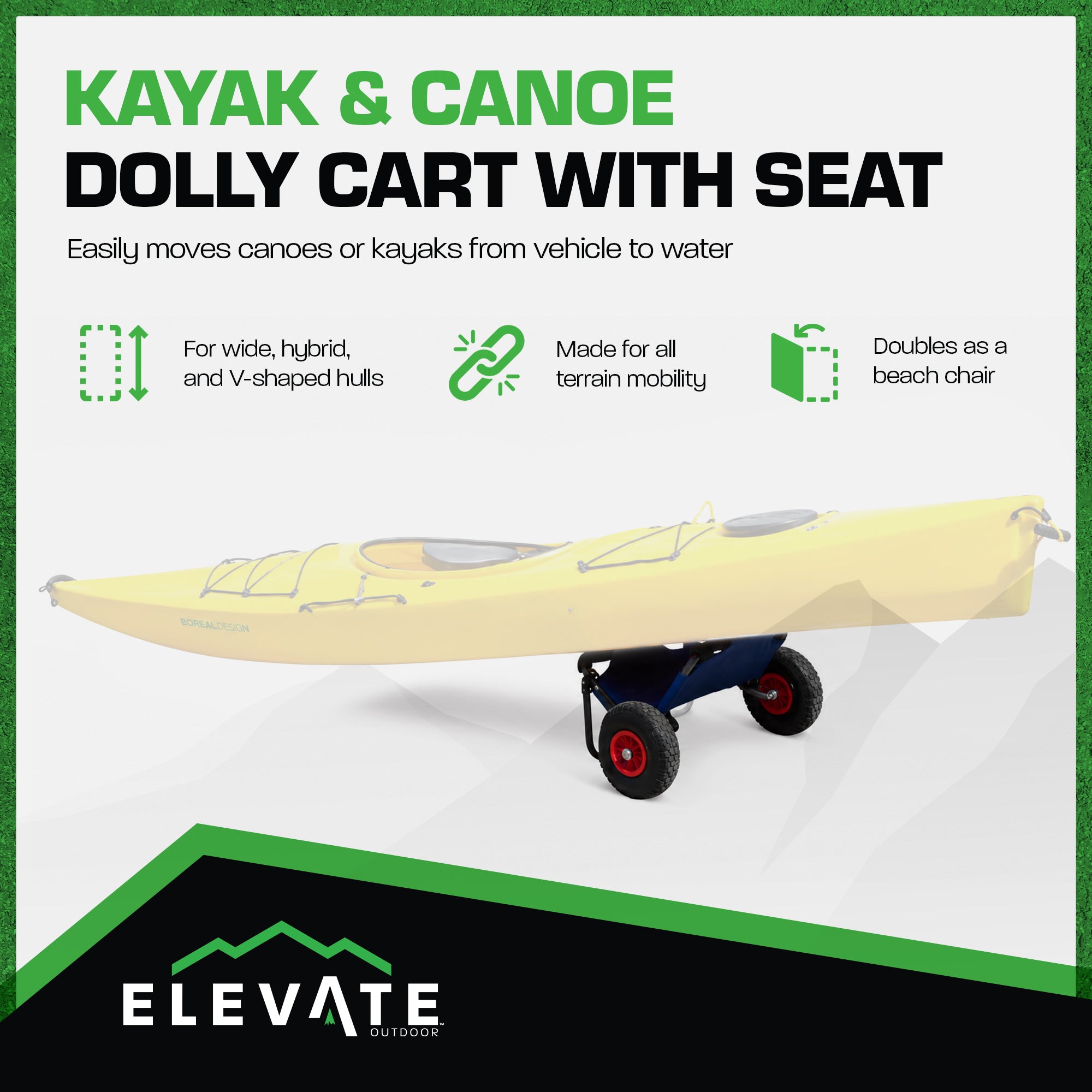 Elevate Outdoors Kayak and Canoe Dolly Cart with Seat, 220 lb Capacity, (Used)