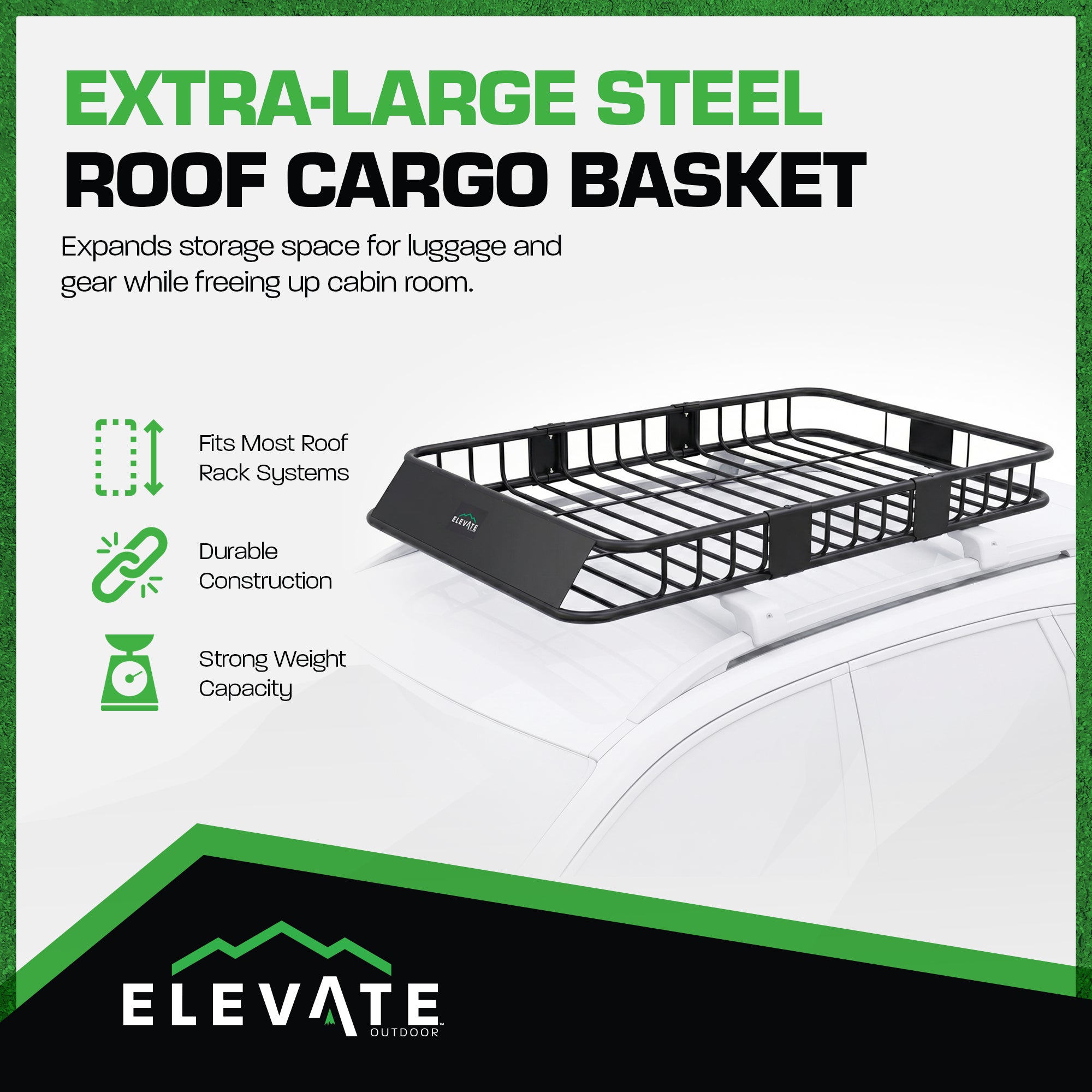 Elevate Outdoor Steel Roof Cargo Basket with Wind Fairing, XL, 150 lb Capacity - VMInnovations