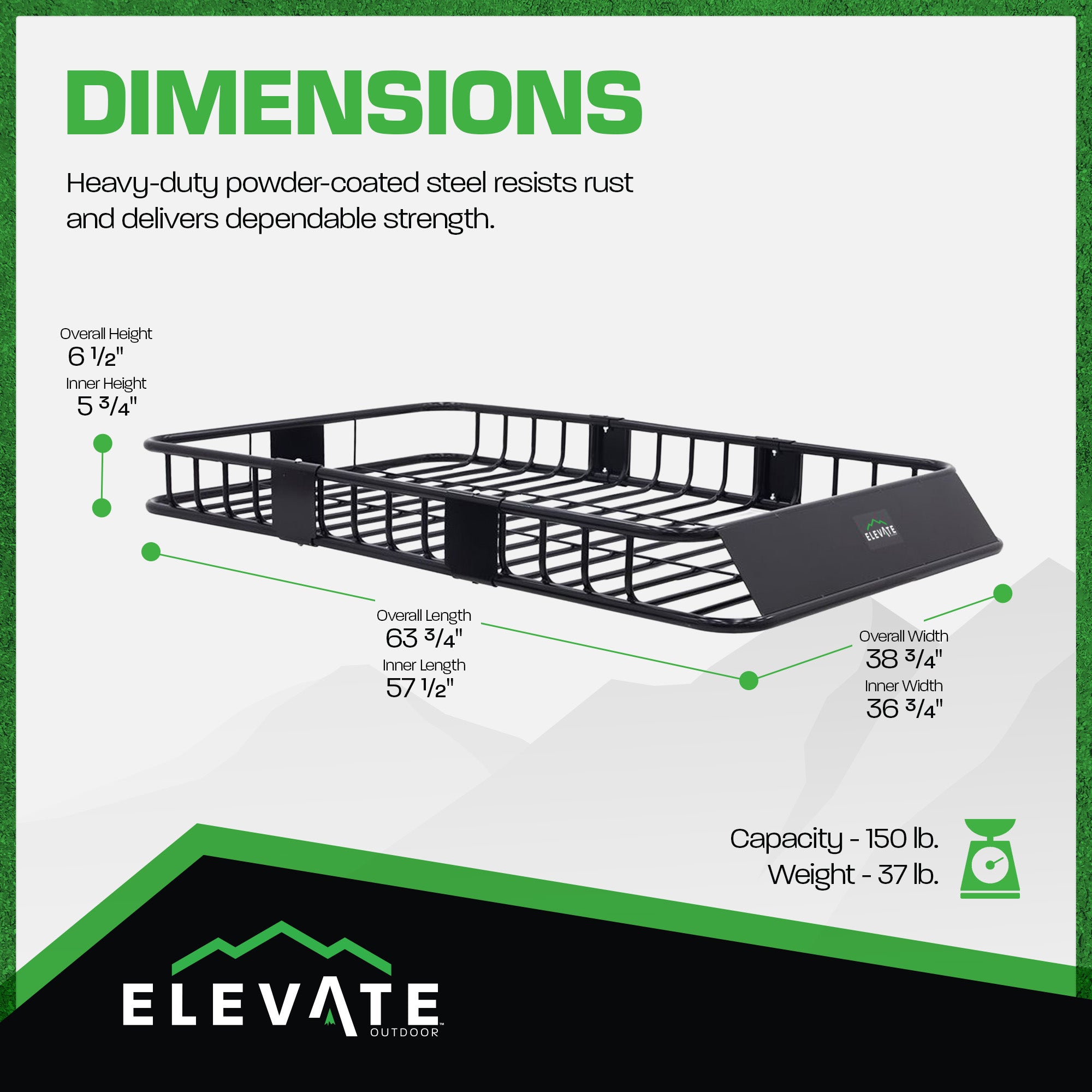 Elevate Outdoor Steel Roof Cargo Basket with Wind Fairing, XL, 150 lb Capacity - VMInnovations