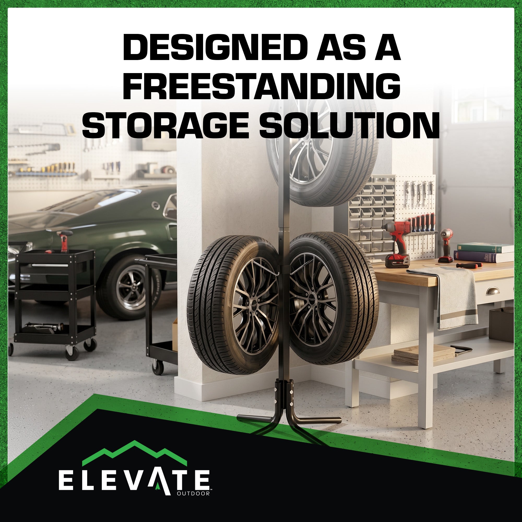 Elevate Outdoor Tire Hanger Rack, Steel Garage Storage Organizer Up to 4 Tires - VMInnovations