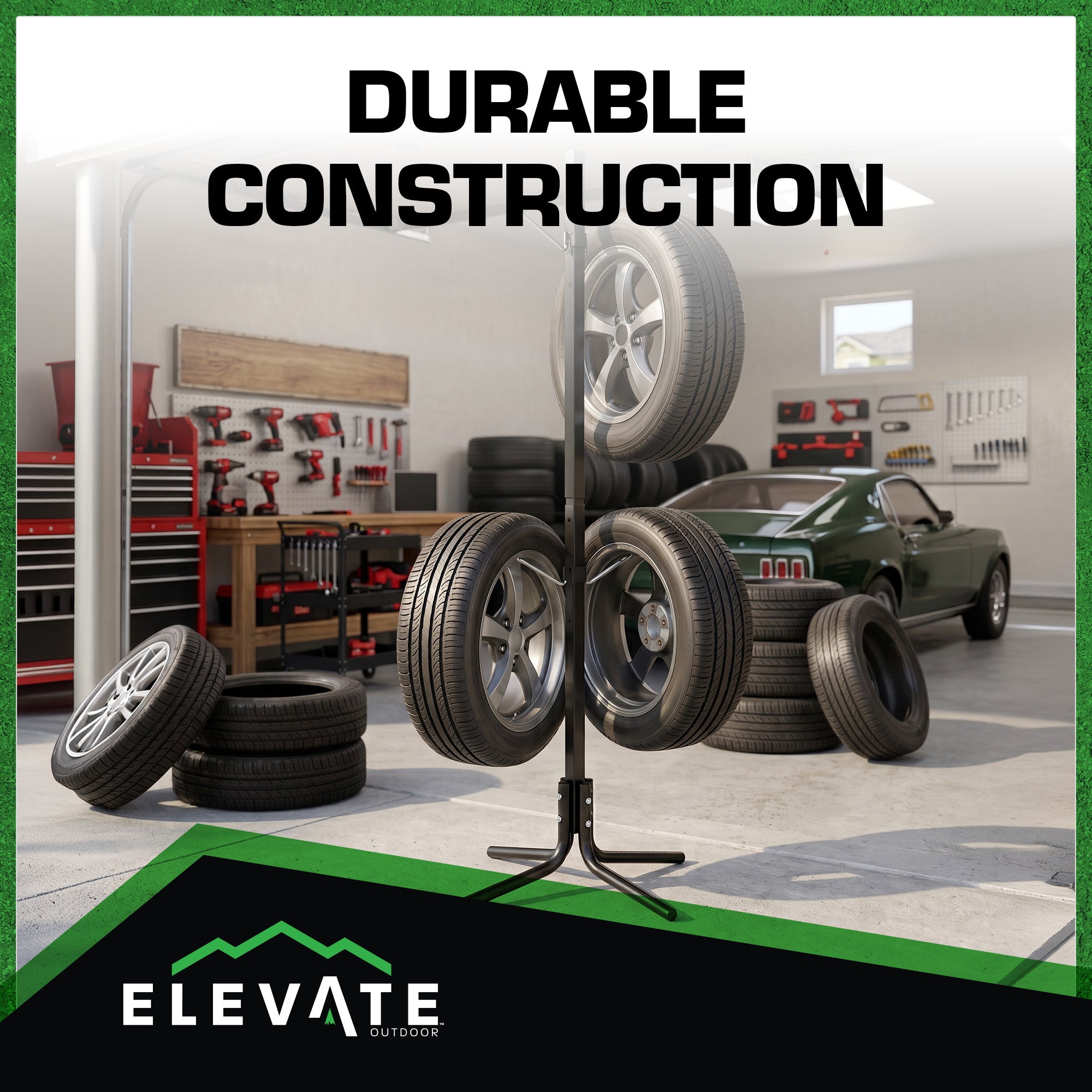 Elevate Outdoor Tire Hanger Rack, Steel Garage Storage Organizer Up to 4 Tires - VMInnovations