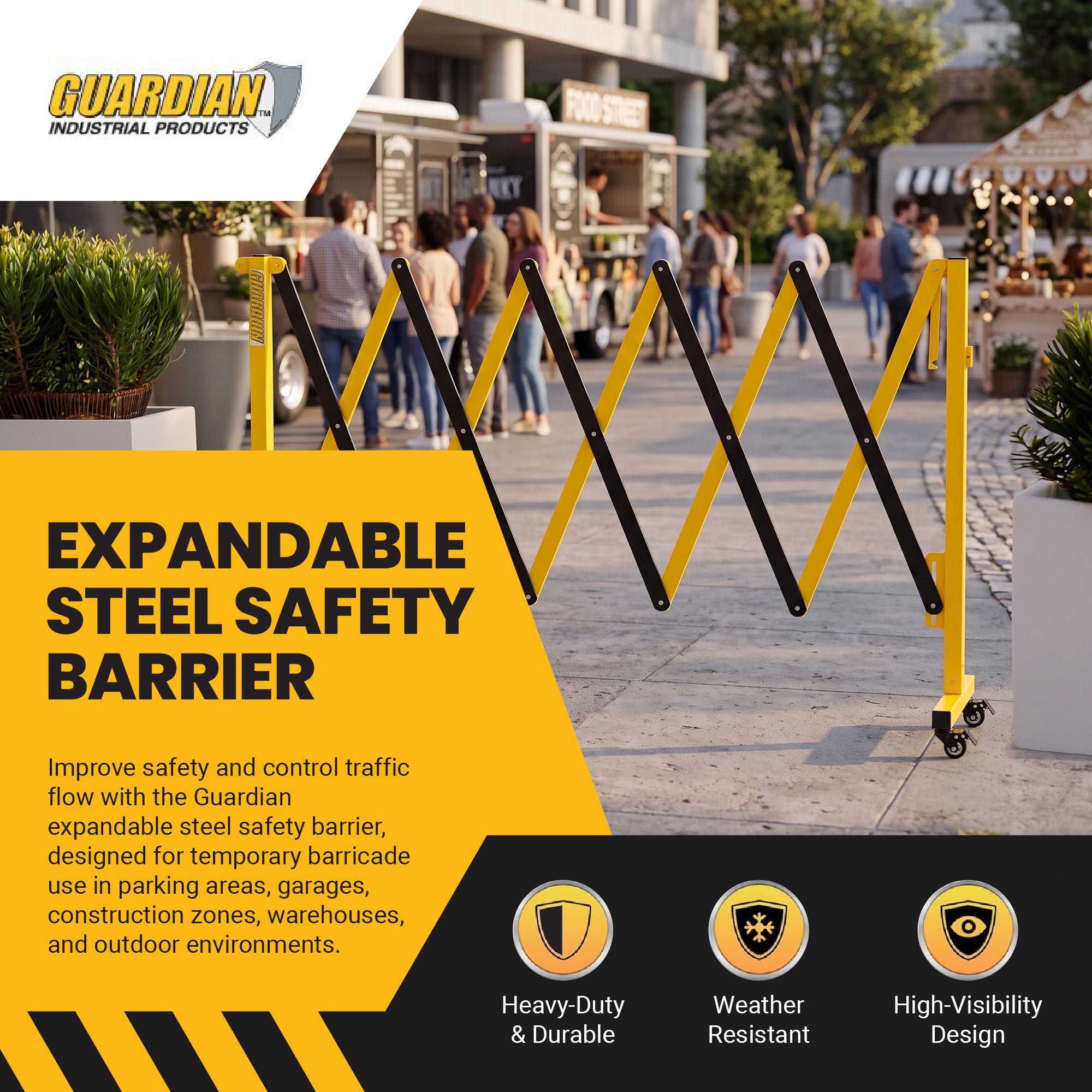 Guardian Expandable Steel Safety Barrier with Locking Wheels for Traffic Control