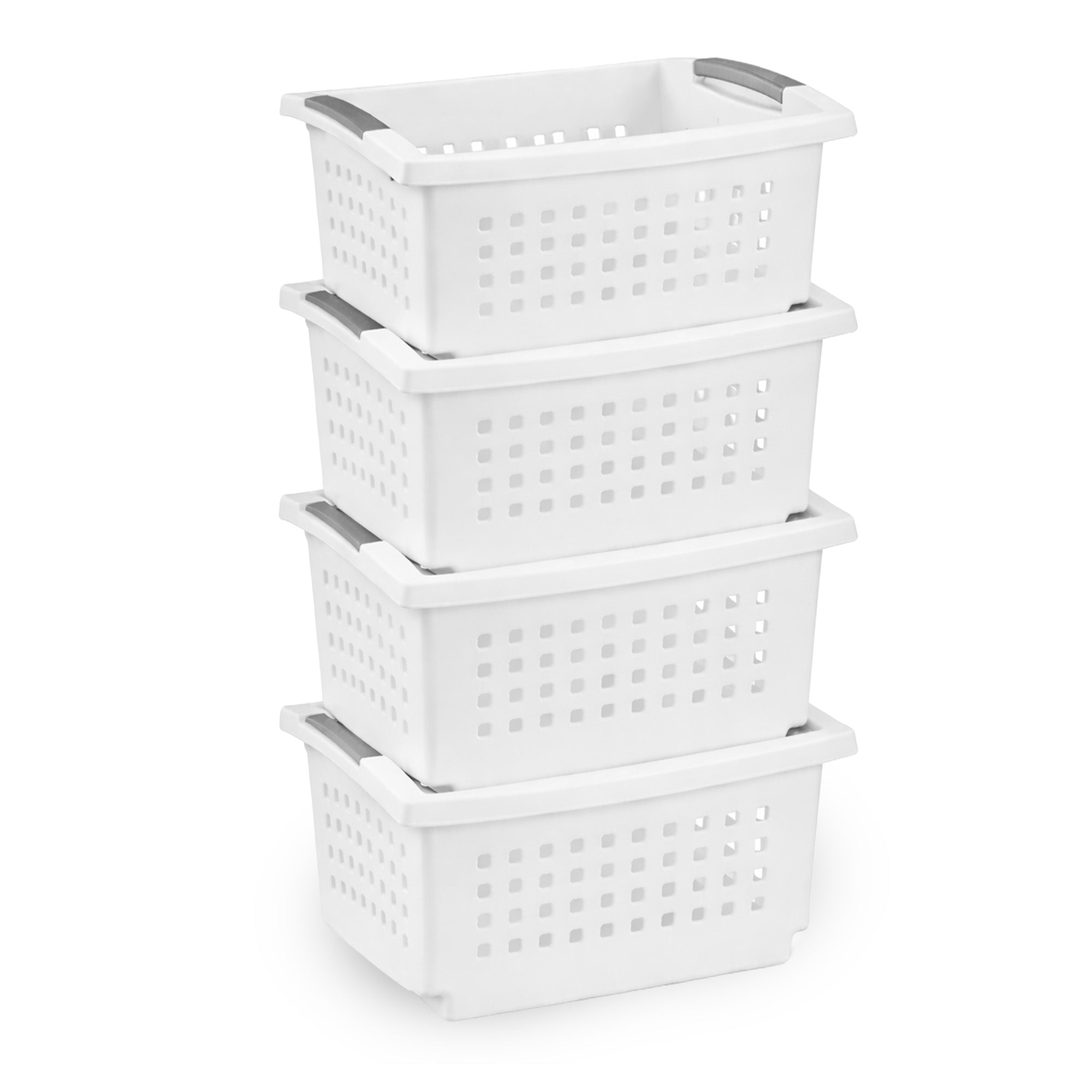 Sterilite Small Stacking Basket, Open Top Storage Bin w/ Handles, 4 Pack, White