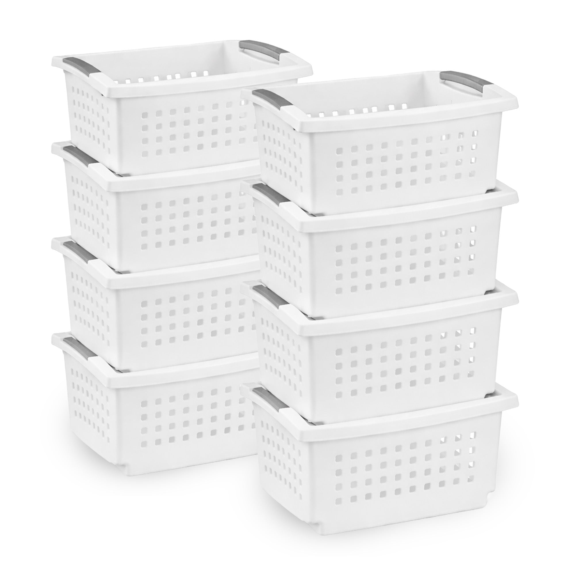 Sterilite Small Stacking Basket, Open Top Storage Bin w/ Handles, 8 Pack, White