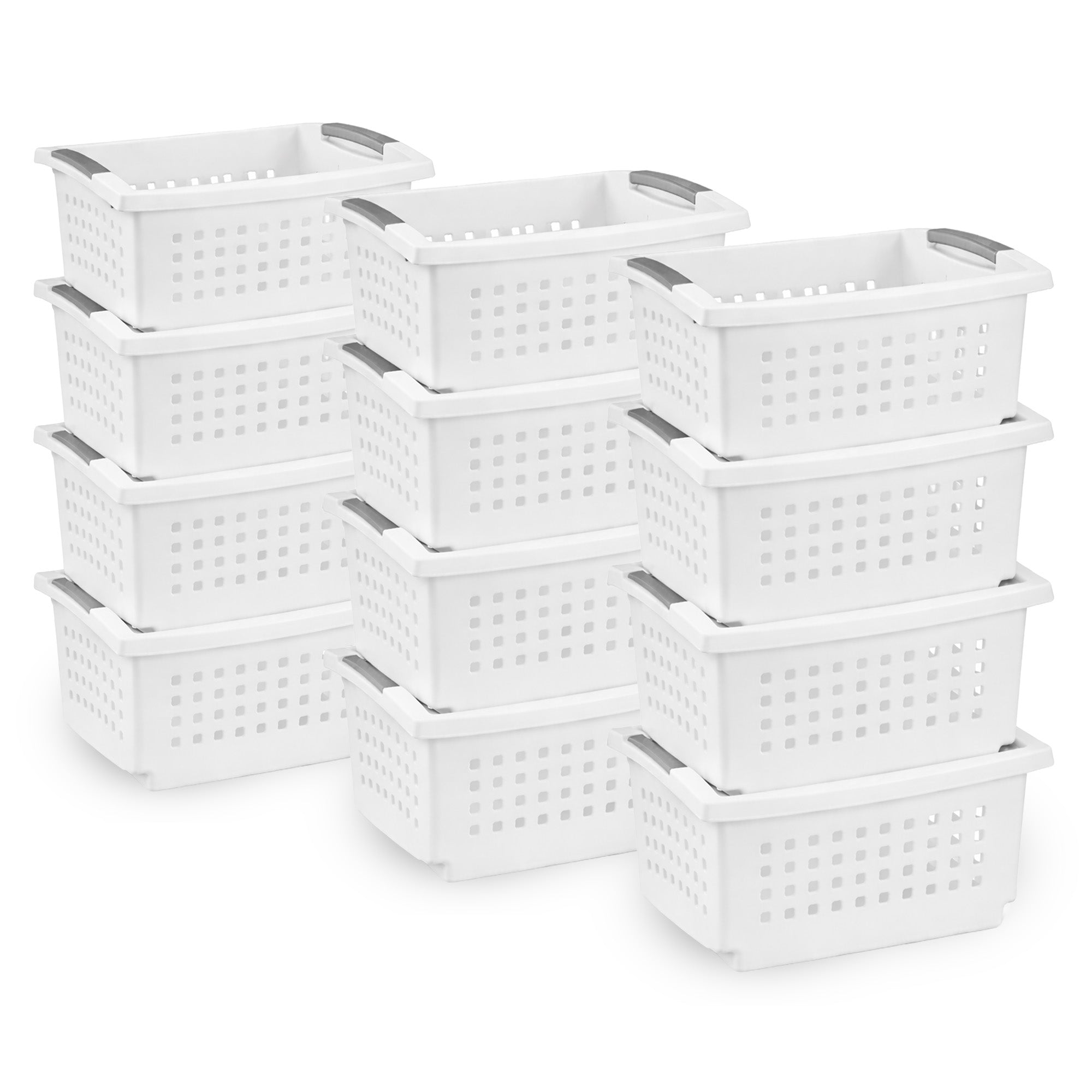 Sterilite Small Stacking Basket, Open Top Storage Bin w/ Handles, 12 Pack, White - VMInnovations