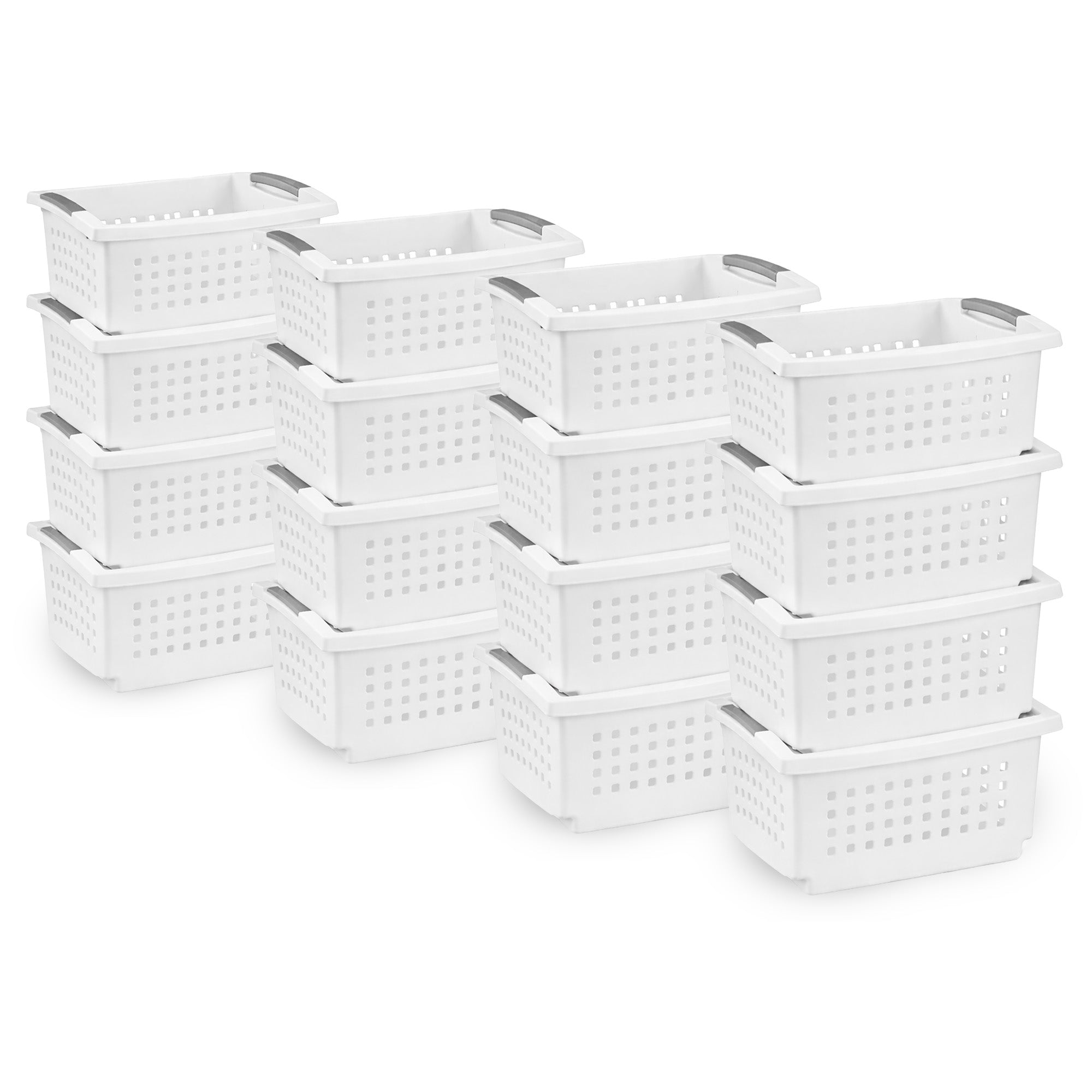 Sterilite Small Stacking Basket, Open Top Storage Bin w/ Handles, 16 Pack, White