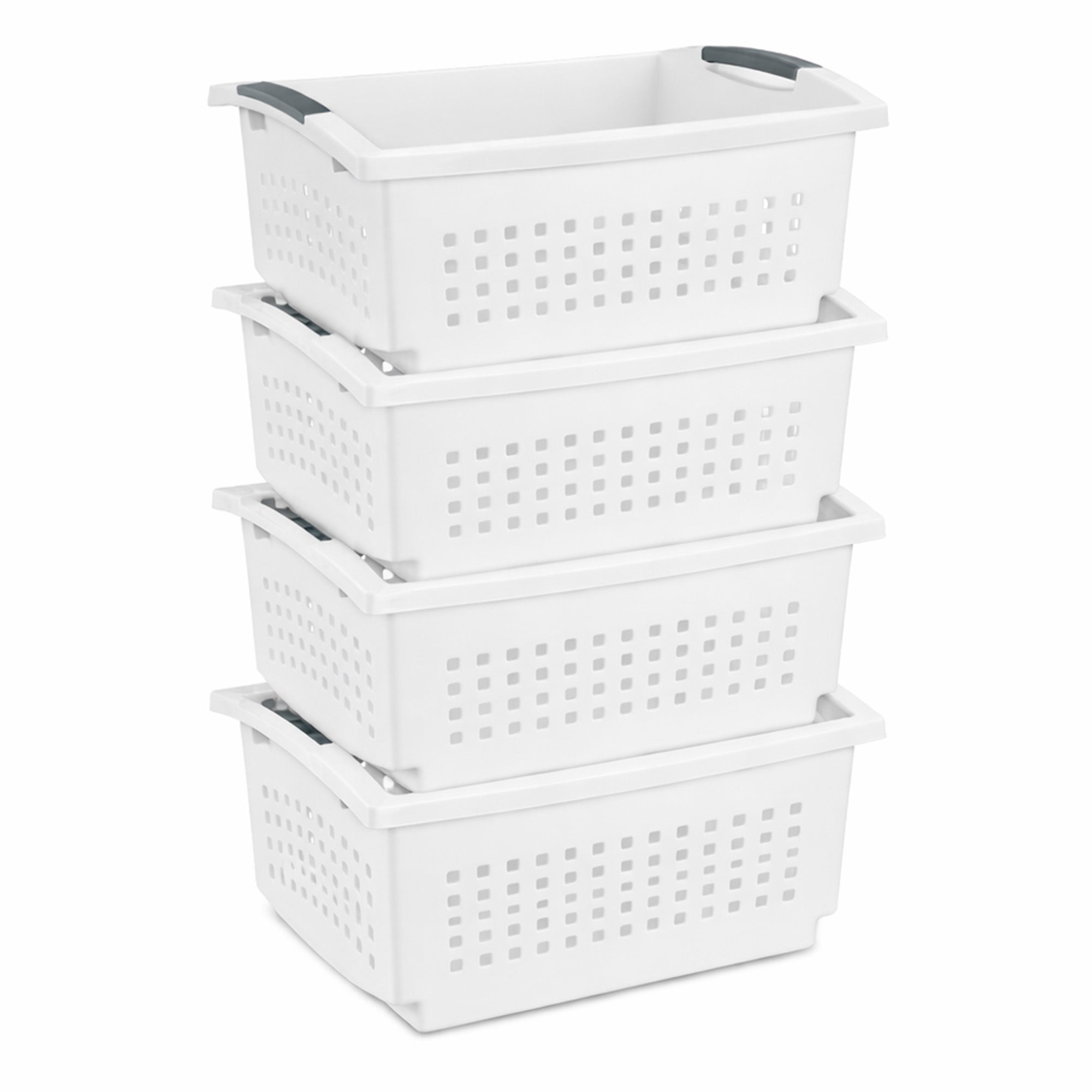 Sterilite Large Stacking Basket, Open Top Storage Bin w/ Handles, 4 Pack, White - VMInnovations
