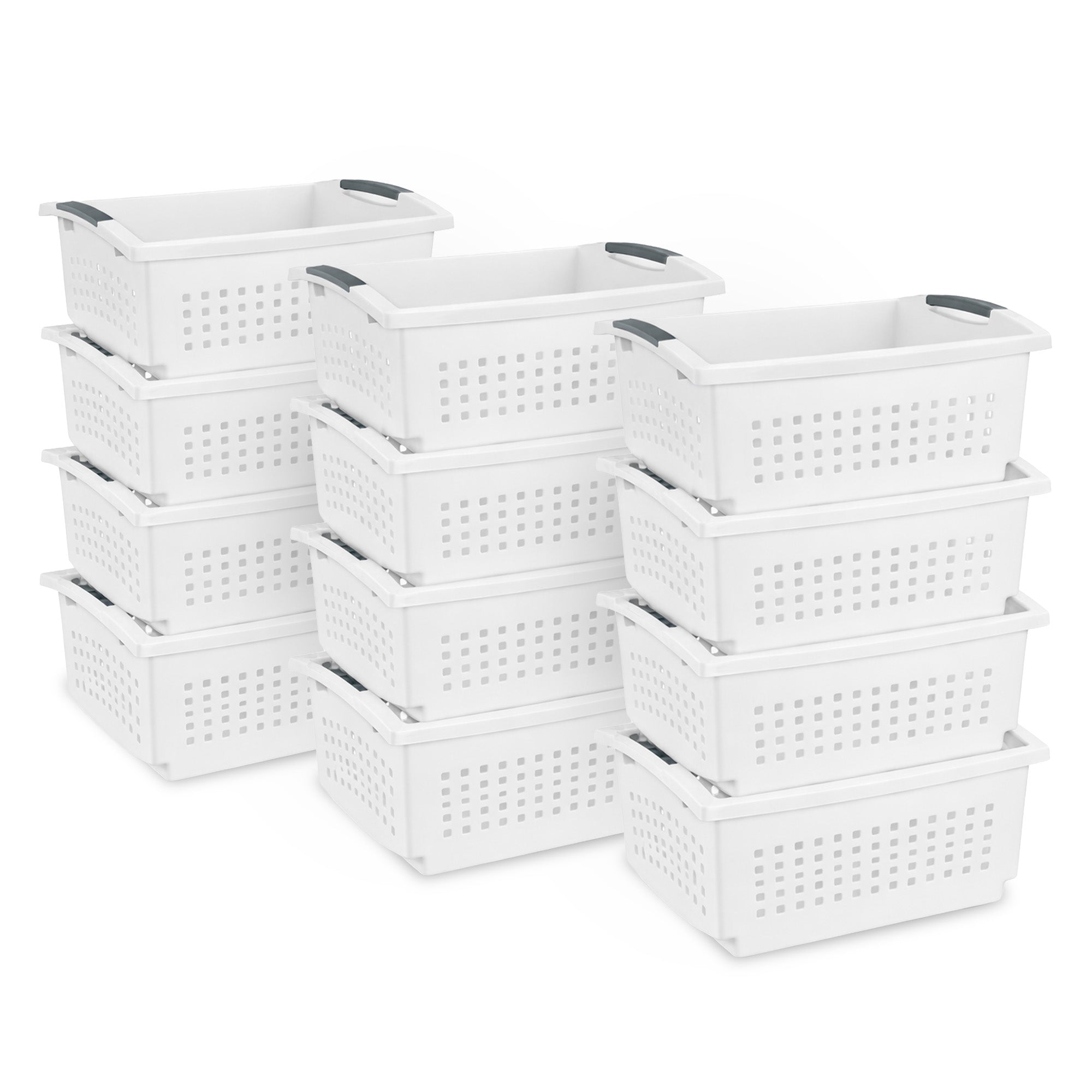 Sterilite Large Stacking Basket, Open Top Storage Bin w/ Handles, 12 Pack, White