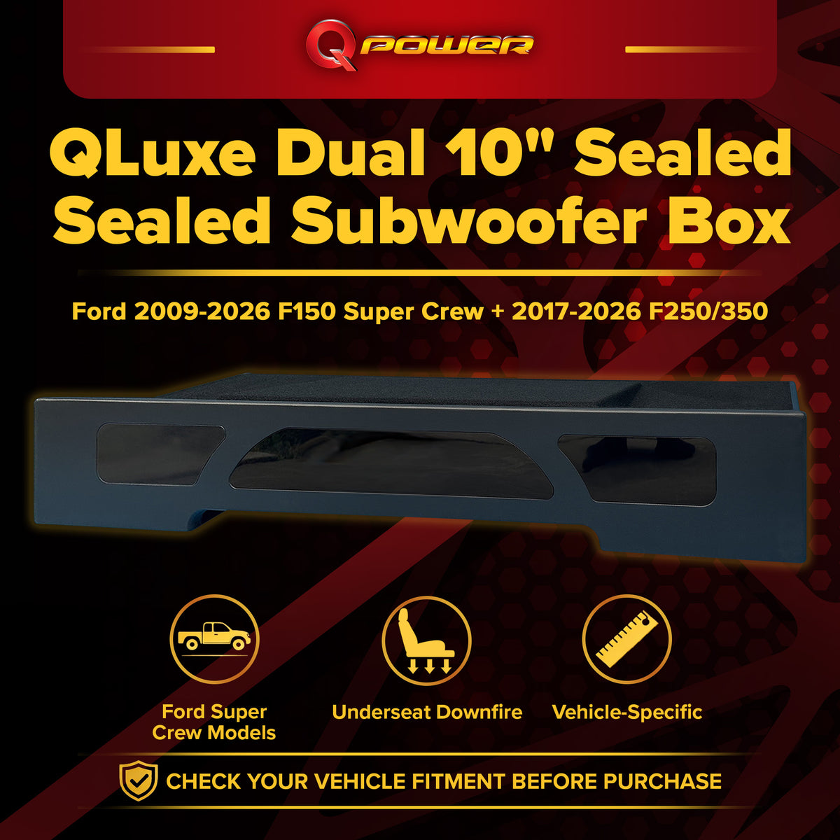 QPower QLuxe Dual 10" Sealed Subwoofer Box for Ford F150 & F250/F350 Super Crew - VMInnovations