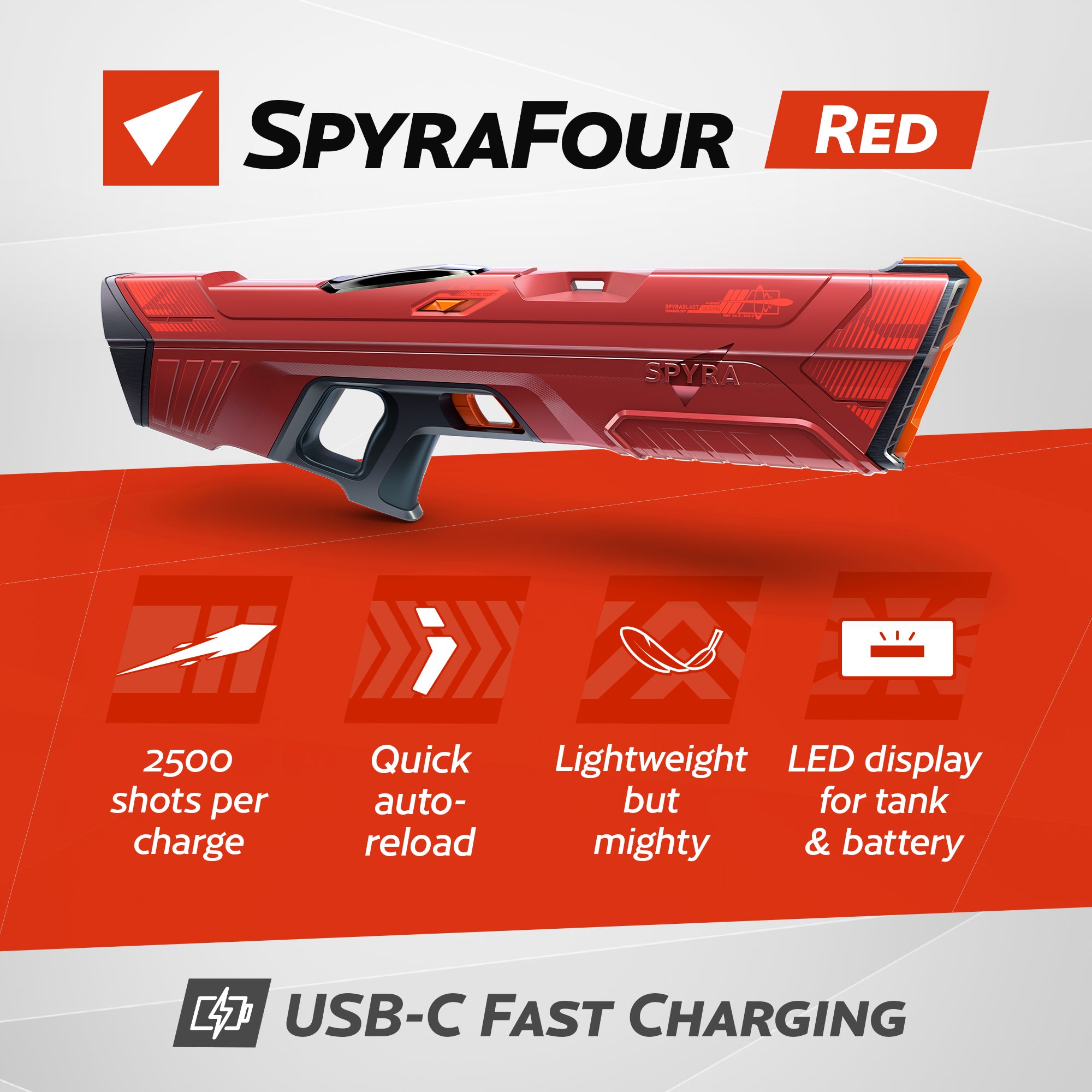 SPYRA Electric Water Blaster Outdoor Squirt Gun for Pool Games, Red (Open Box)