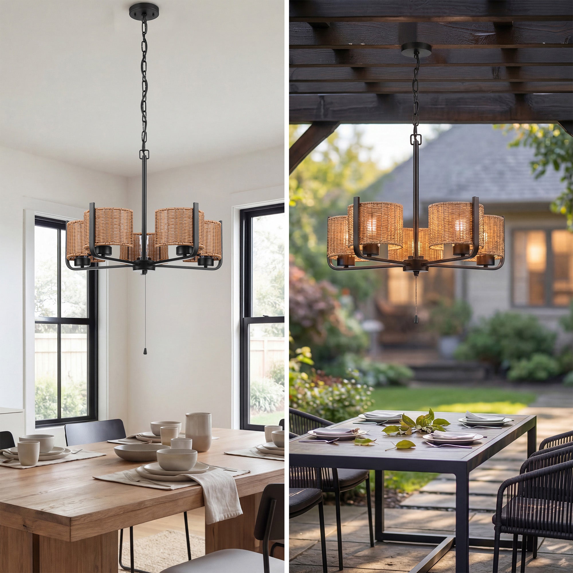 Mule Outdoor 26" Chandelier, 5-Light Hanging Fixture with Natural Woven Shades