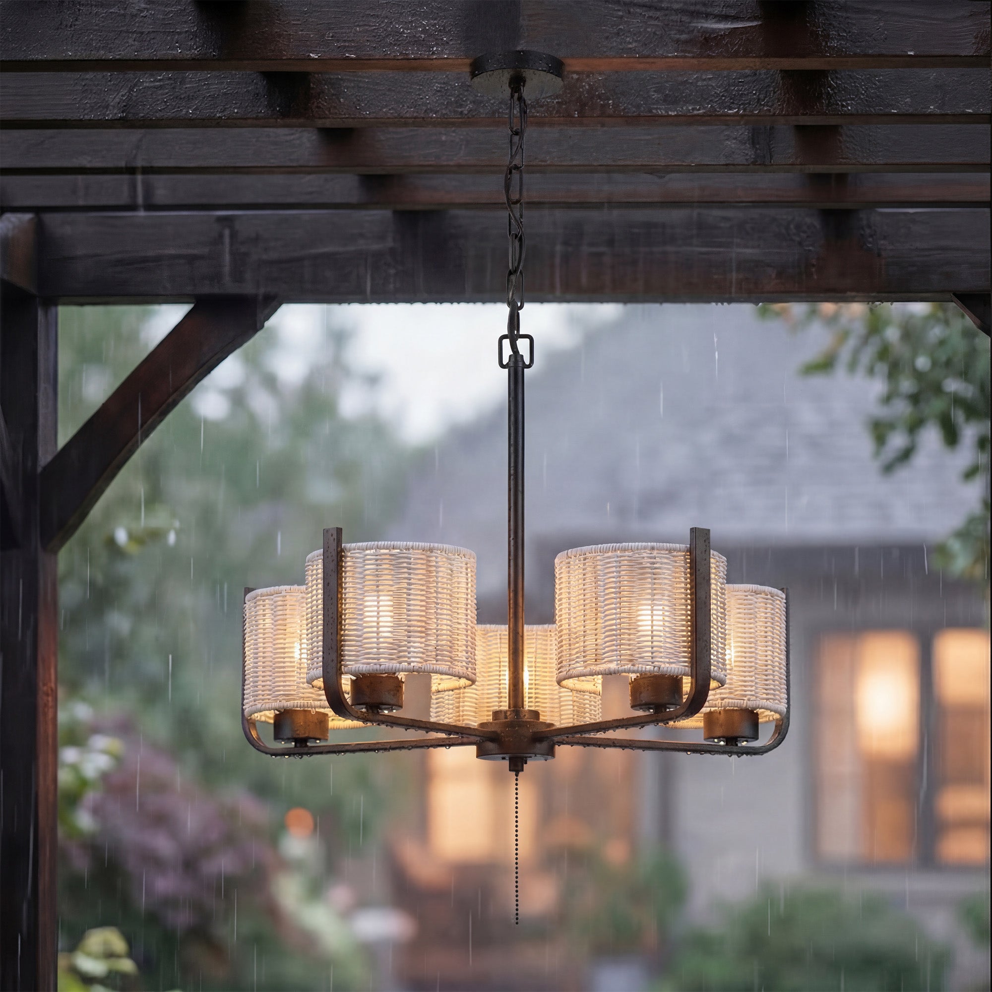 Mule 26" Outdoor Chandelier, 5-Light Hanging Fixture with Gray Woven Shades