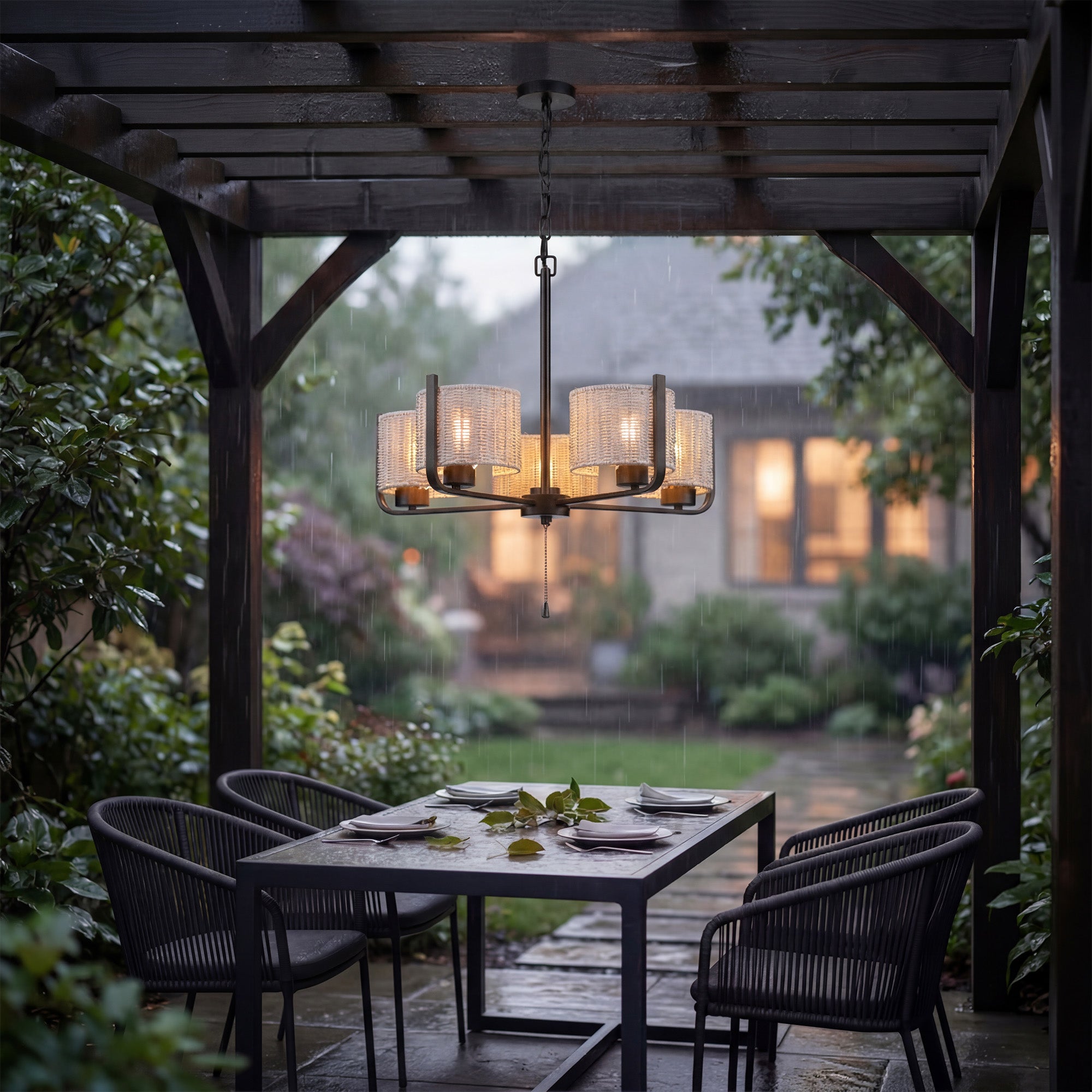 Mule 26" Outdoor Chandelier, 5-Light Hanging Fixture with Gray Woven Shades
