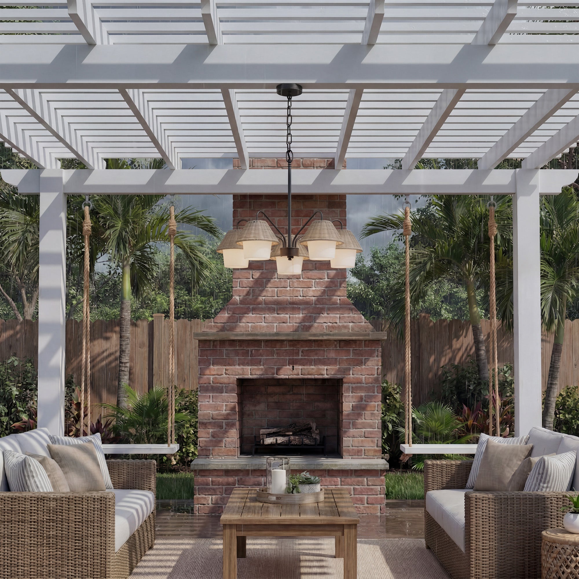 Mule Outdoor Chandelier, 5-Light Ceiling Light with Natural Shades, Matte Black