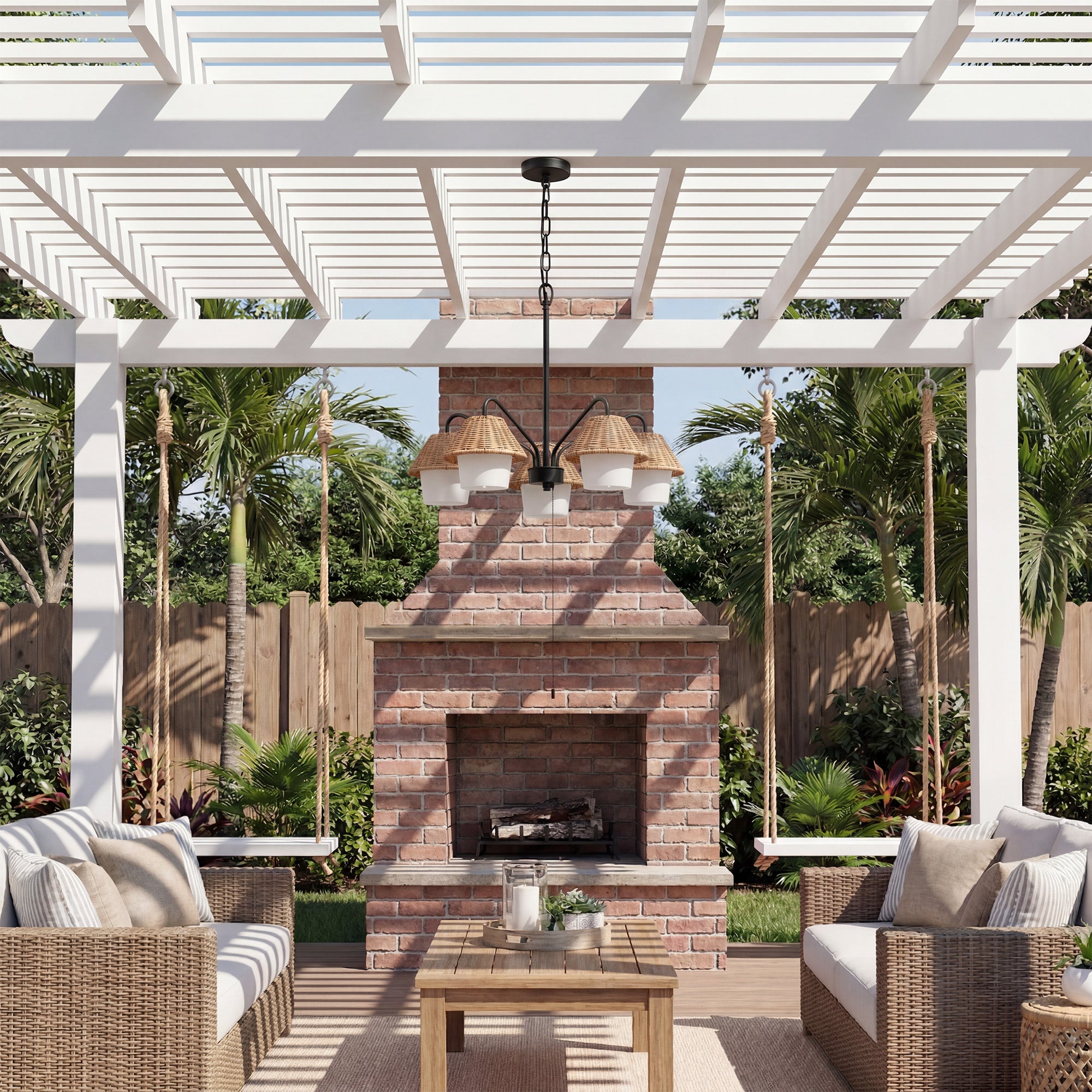 Mule Outdoor Chandelier, 5-Light Ceiling Light with Natural Shades, Matte Black