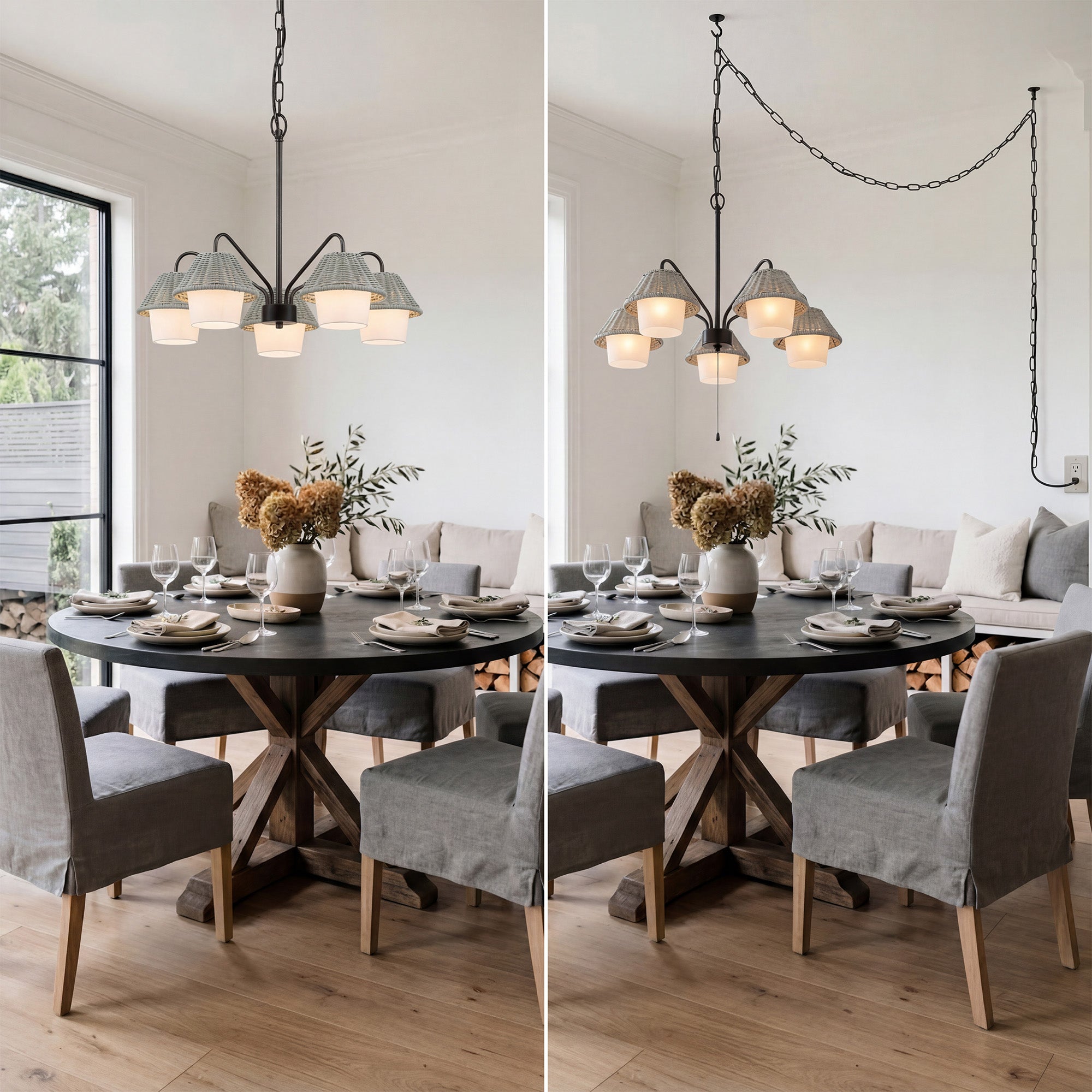 Mule Outdoor Chandelier, 5-Light Ceiling Light with Gray Shades, Matte Black