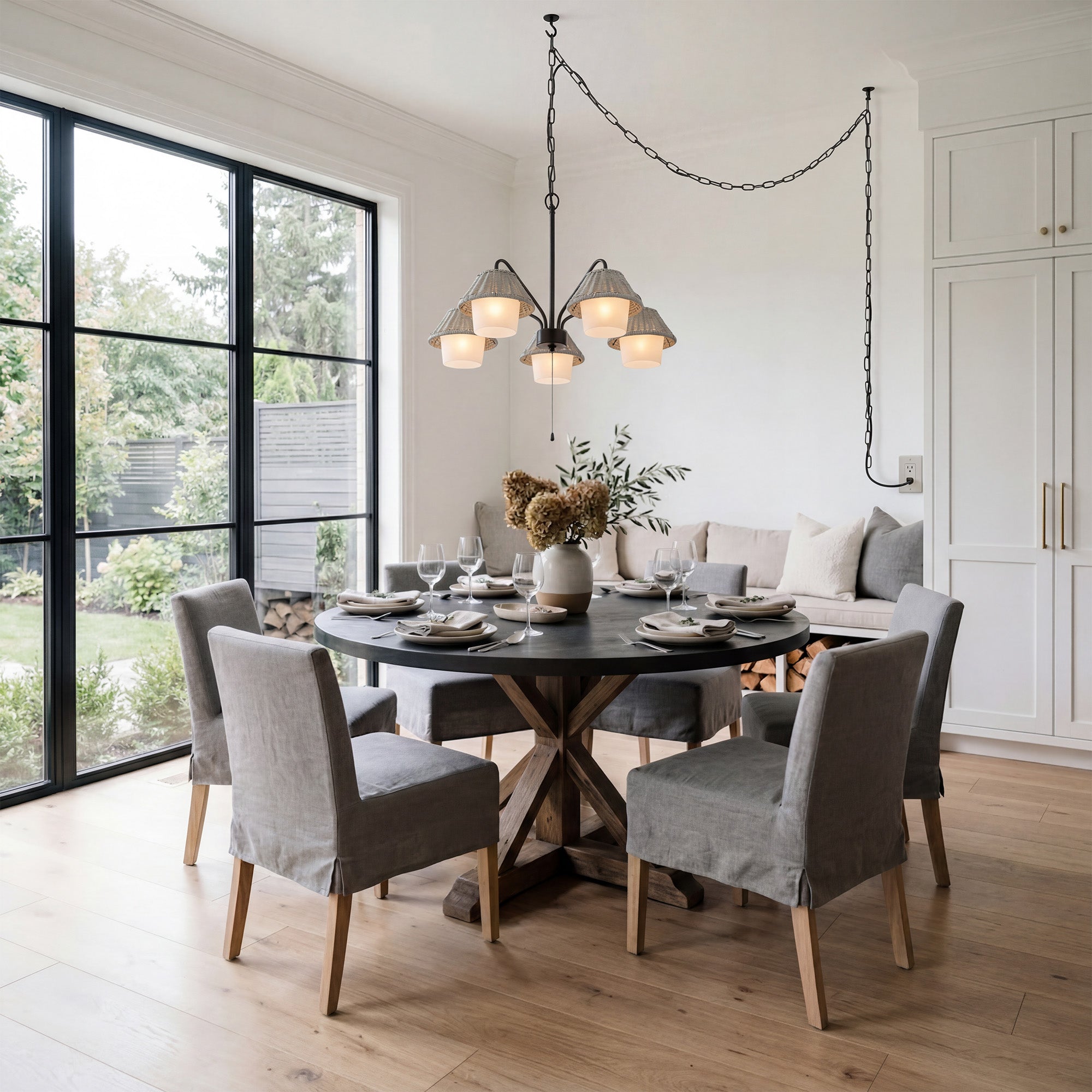 Mule Outdoor Chandelier, 5-Light Ceiling Light with Gray Shades, Matte Black