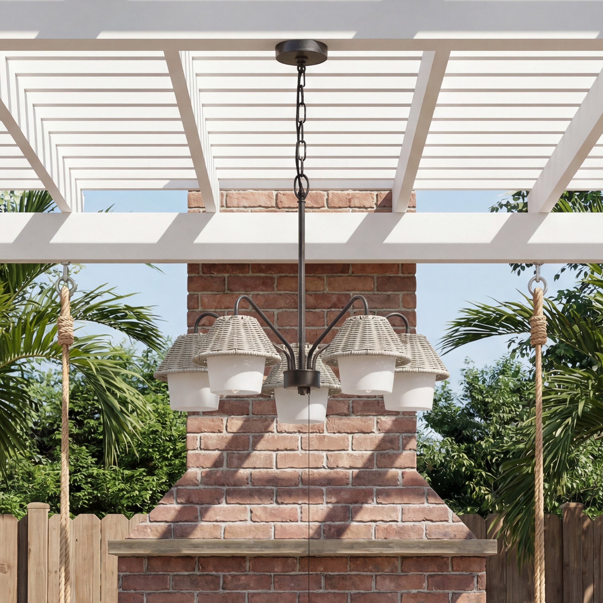 Mule Outdoor Chandelier, 5-Light Ceiling Light with Gray Shades, Matte Black