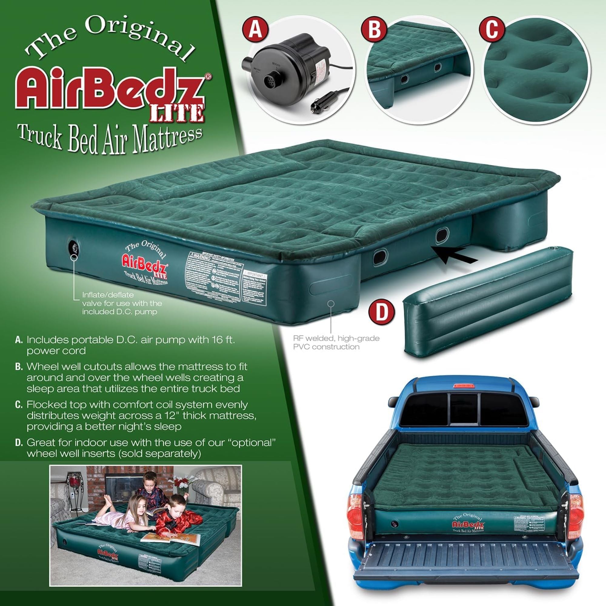 Pittman Outdoors Lightweight Truck Airbed & Pump for Mid-Size Standard Beds, 6' - VMInnovations