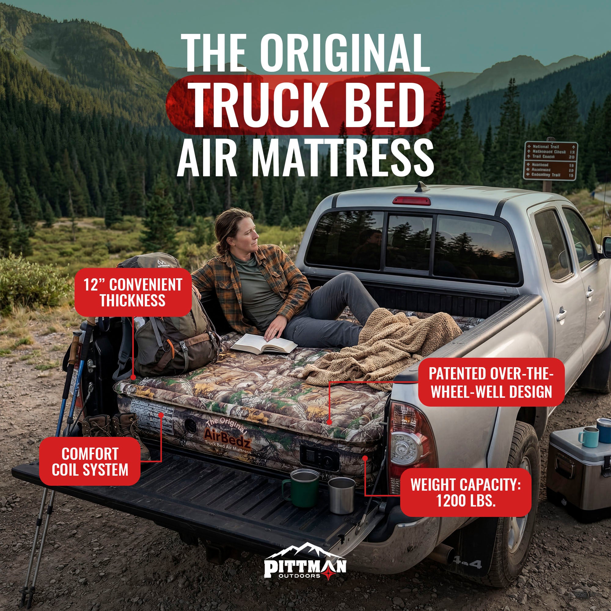 Pittman Outdoors Truck Bed Air Mattress with Pump for Long Truck Beds, 8', Camo
