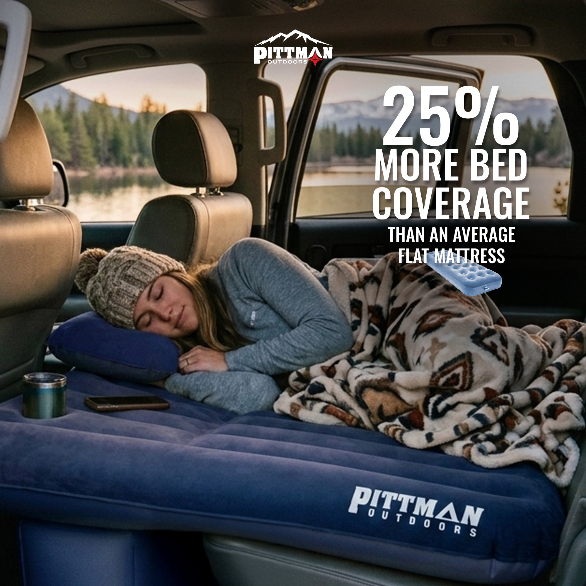 Pittman Outdoors Backseat Air Mattress, 55” Airbed for Mid-Size Vehicles, Black