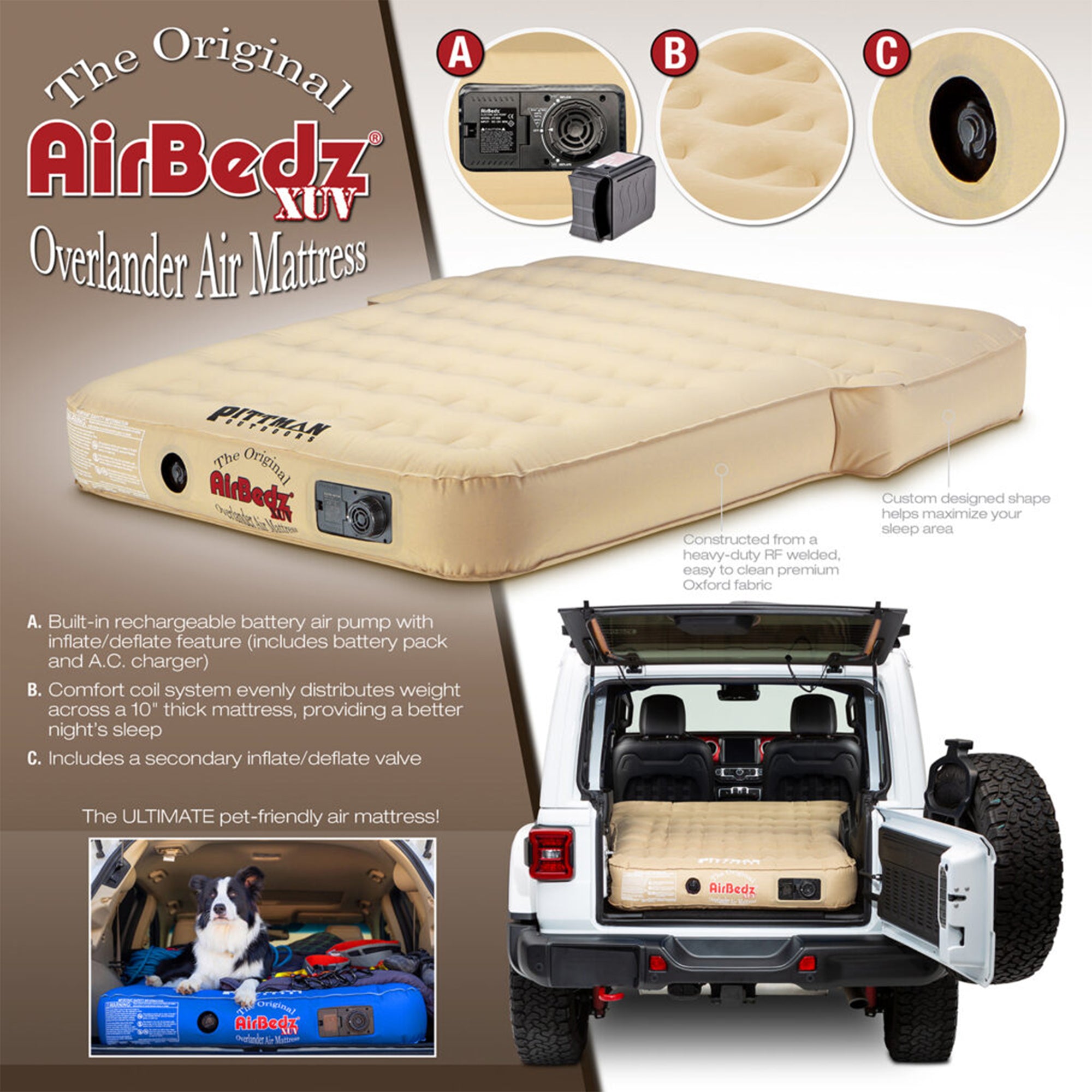 Pittman Outdoors AirBedz Mattress for Jeeps with Built-In Pump & Carry Bag, Tan - VMInnovations