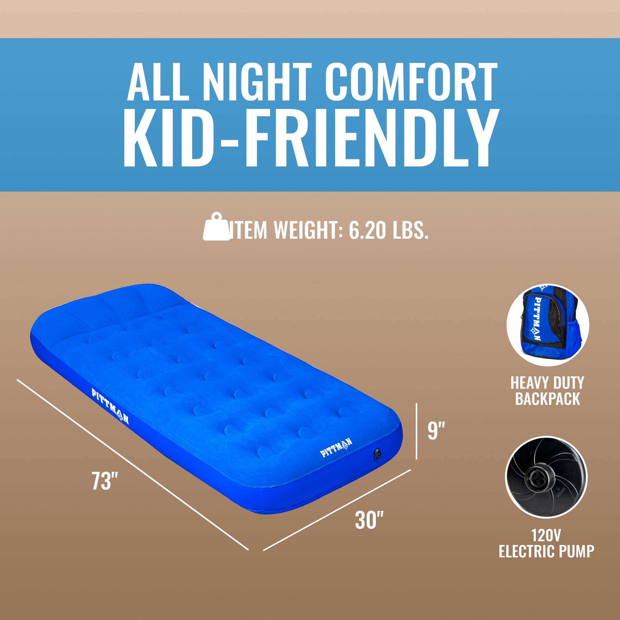 Pittman Outdoors Kids Air Mattress, 74" x 30" Air Bed w/Pump Backpack (Open Box) - VMInnovations