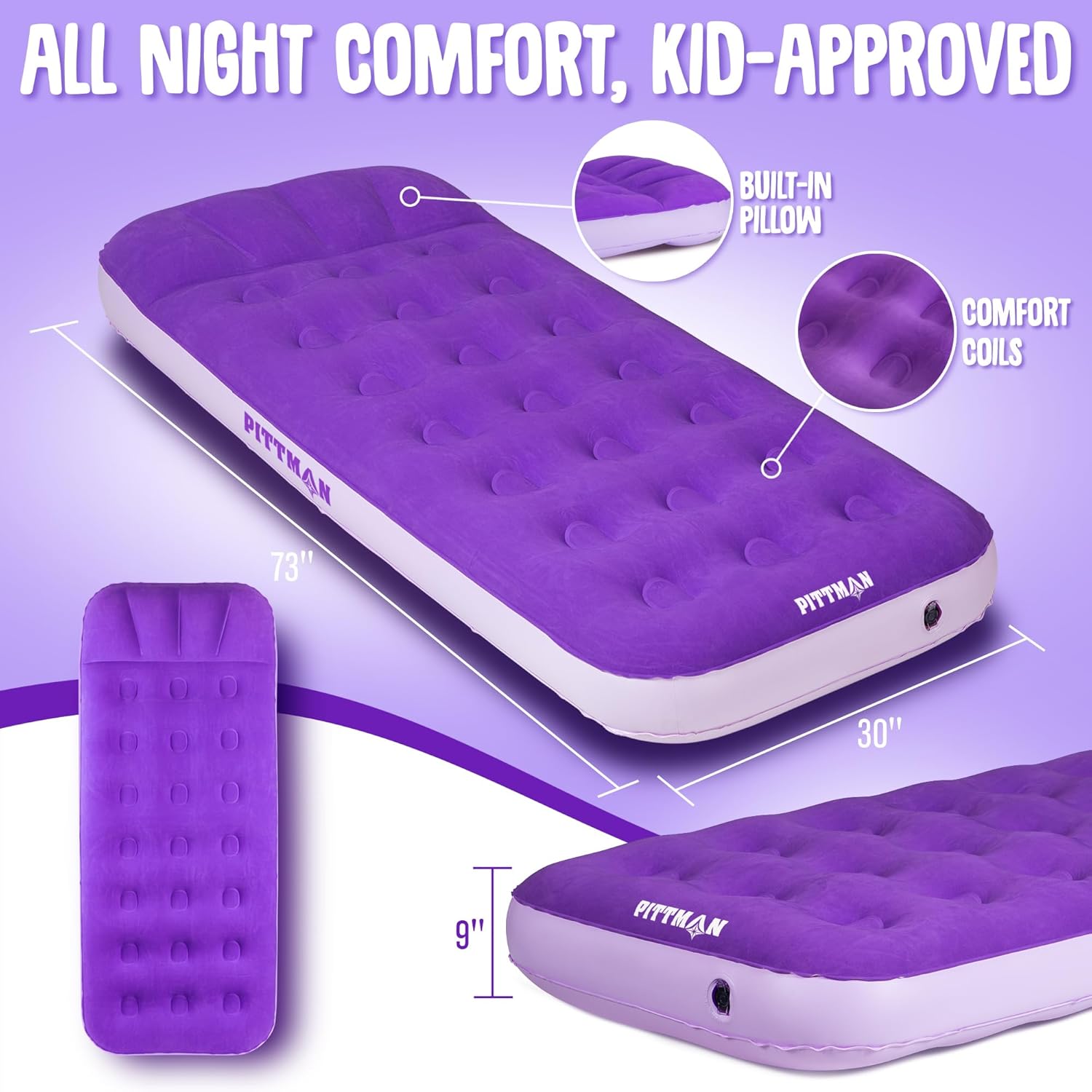 Pittman Outdoors Kids Air Mattress, 74" x 30" Air Bed W Pump/Backpack (Open Box)