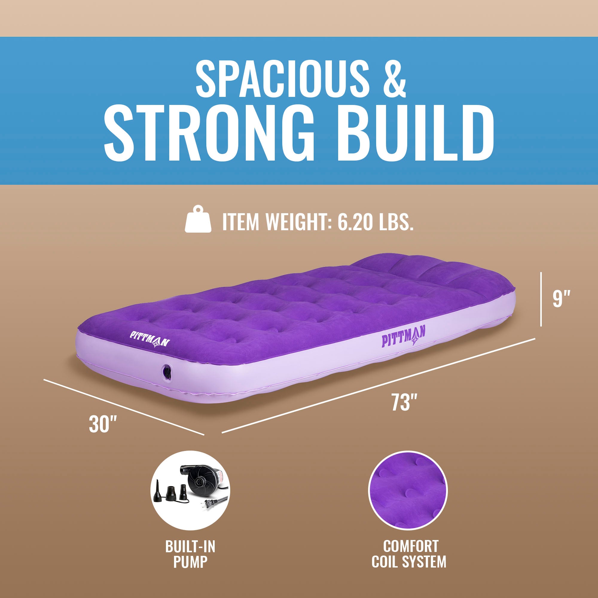 Pittman Outdoors Kids Air Mattress, 74" x 30" Air Bed w/ Pump & Backpack, Purple - VMInnovations