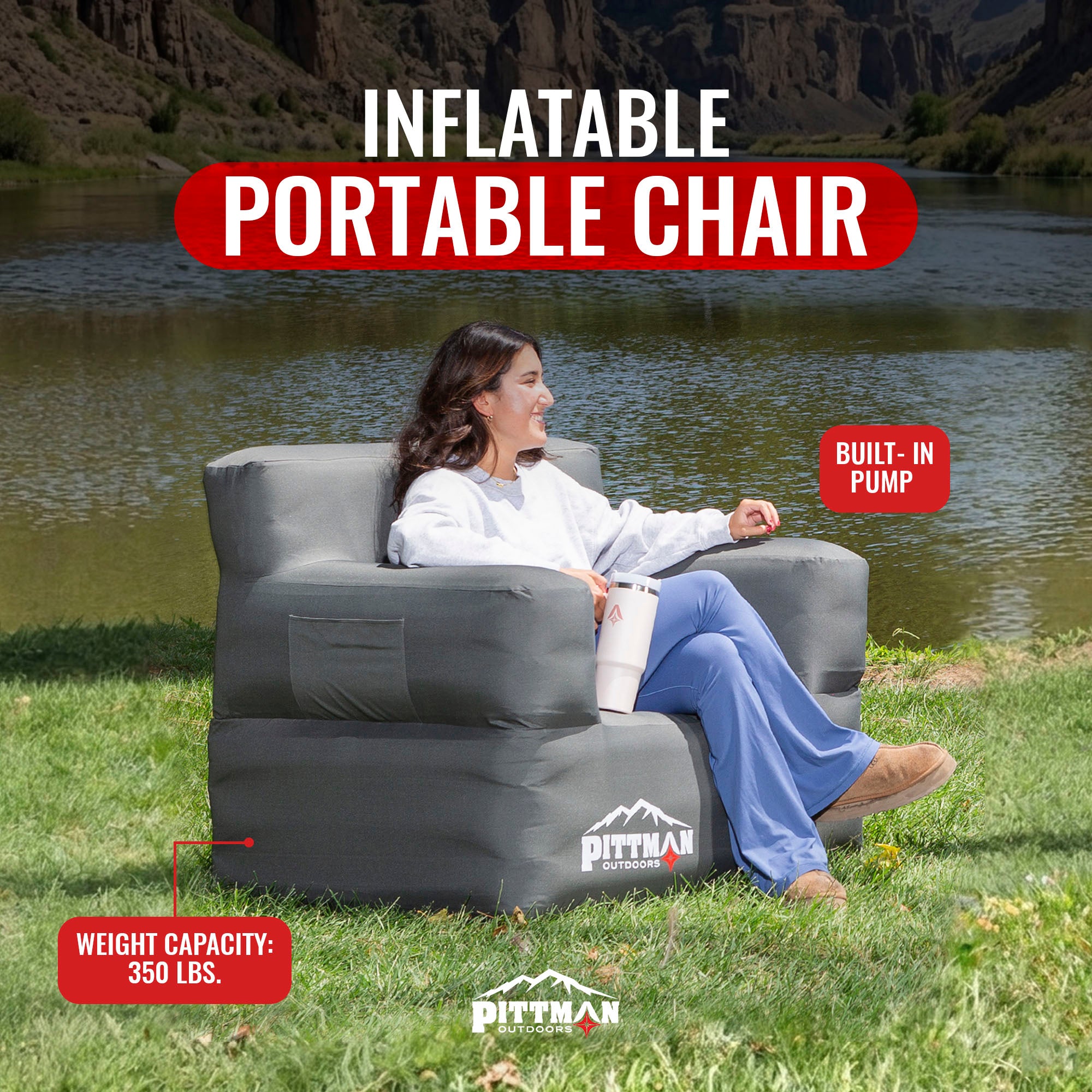 Pittman Outdoors Inflatable Chair with Built-in Pump, Portable Seat for Camping - VMInnovations
