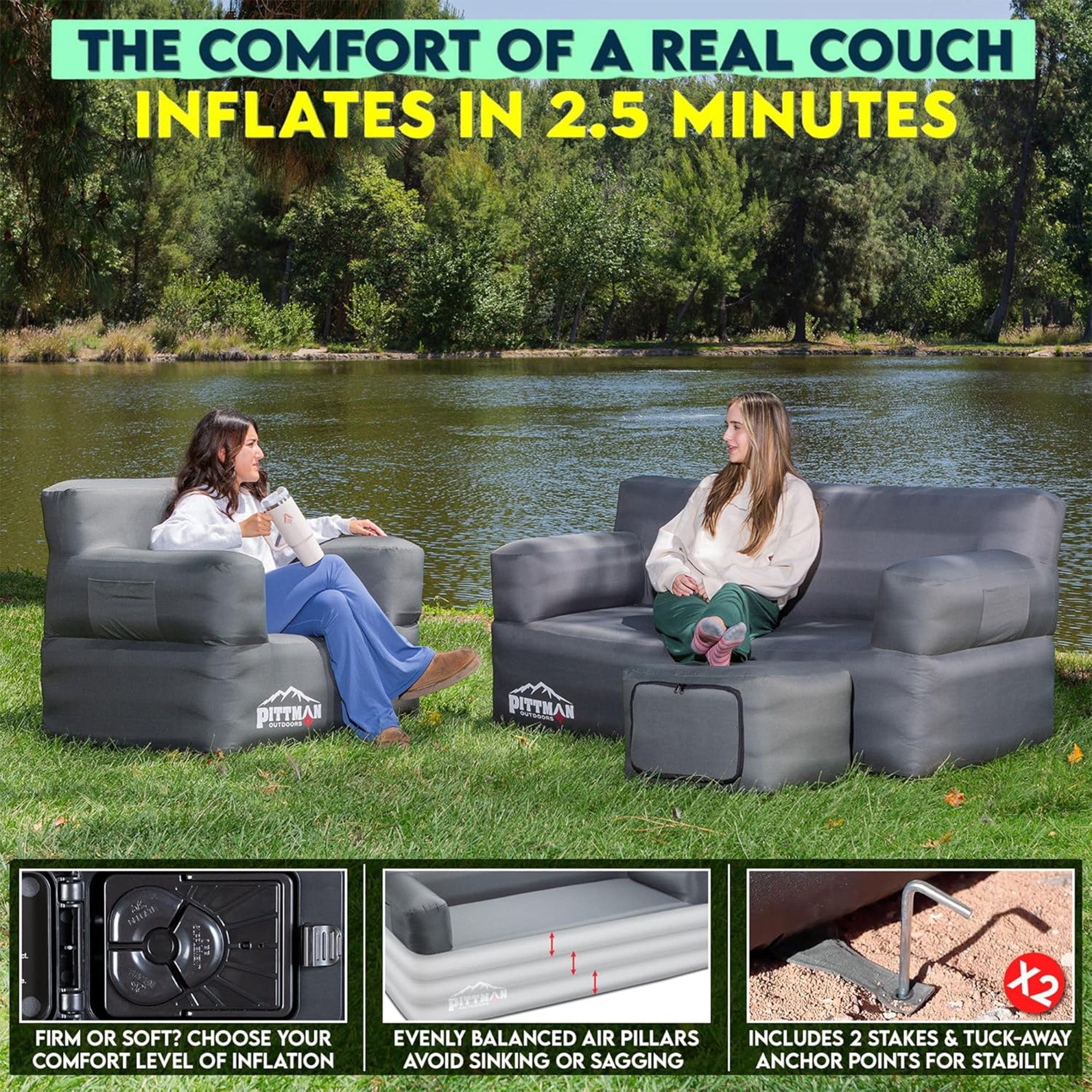 Pittman Outdoors 3 Piece Inflatable Furniture Set with Couch, Chair, and Ottoman - VMInnovations