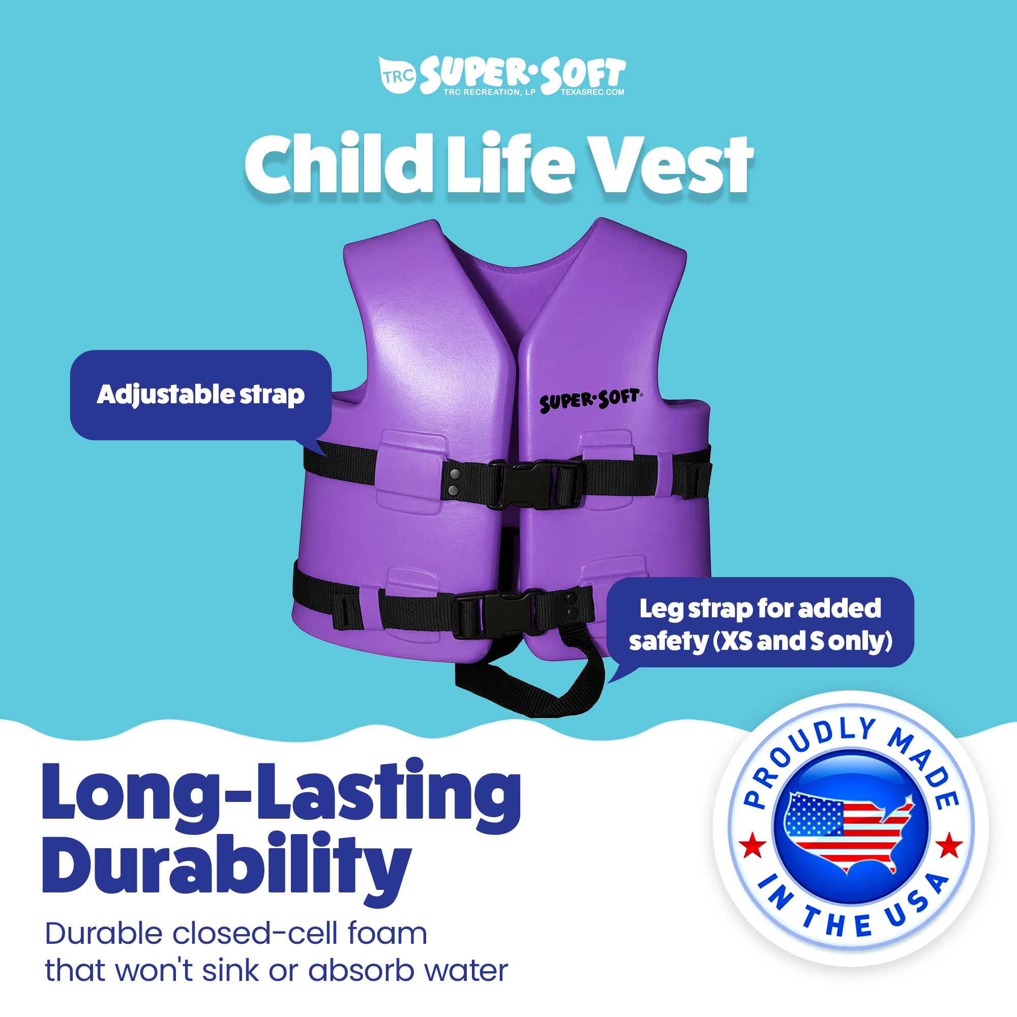 TRC Recreation Super Soft Child Life Jacket Swim Safety Vest, X Small, Purple