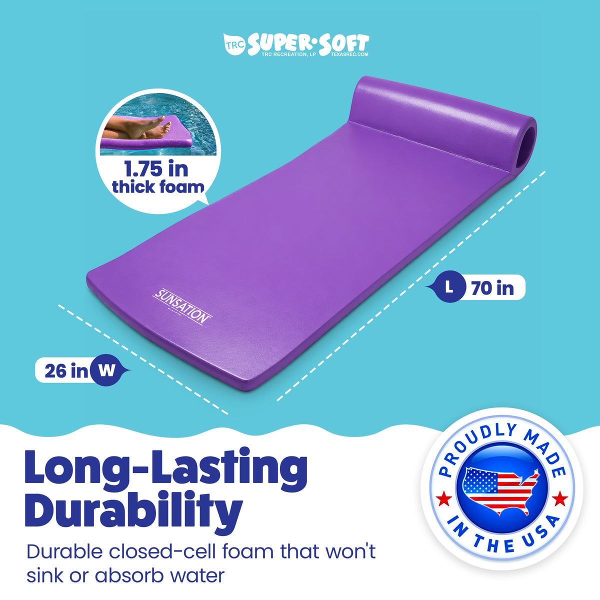 TRC Recreation Sunsation 1.75" Thick Foam Lounger Swimming Pool Float, Purple - VMInnovations