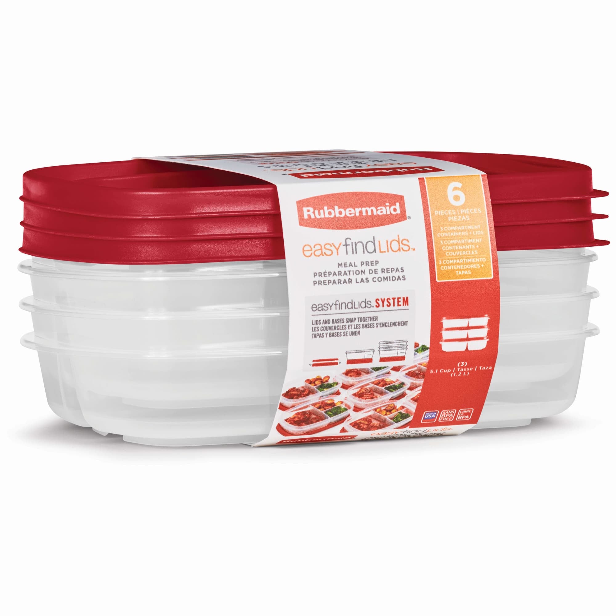 Rubbermaid Food Storage Container Set with Dividers, 5.1 Cup, Red, Pack of 3 - VMInnovations