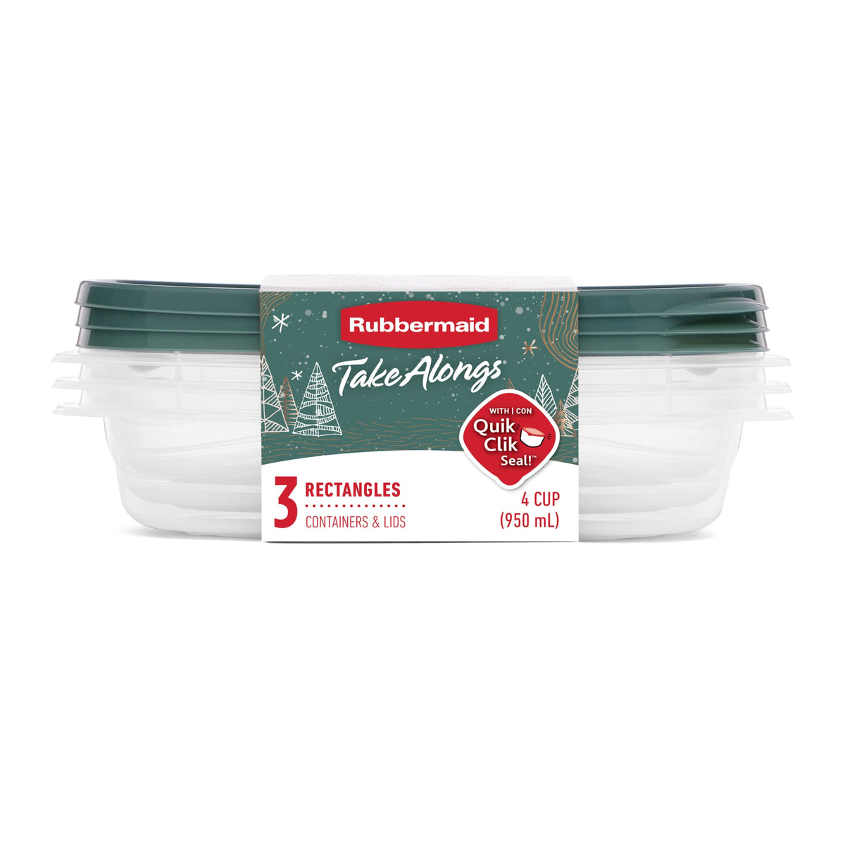 Rubbermaid Clear Food Storage Container with Lid, 4 Cup, Green, Pack of 3 (Open Box)