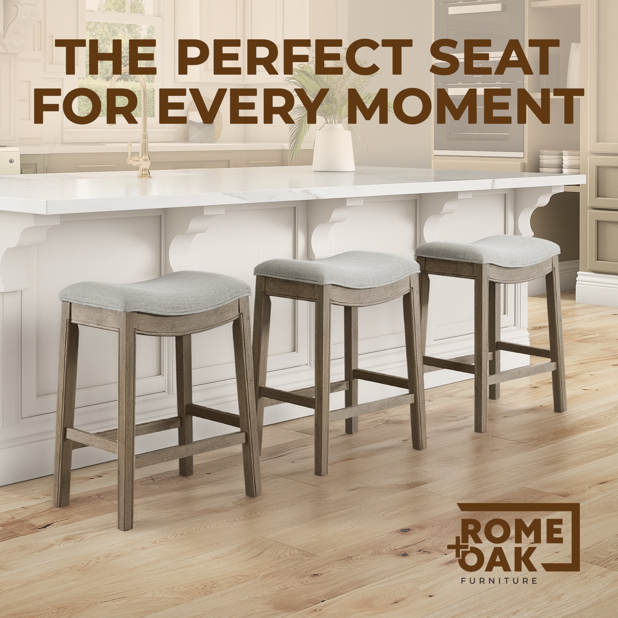 ROME + OAK Parker Backless Saddle Counter Stool, Reclaimed Oak, Grey, 3 Pack