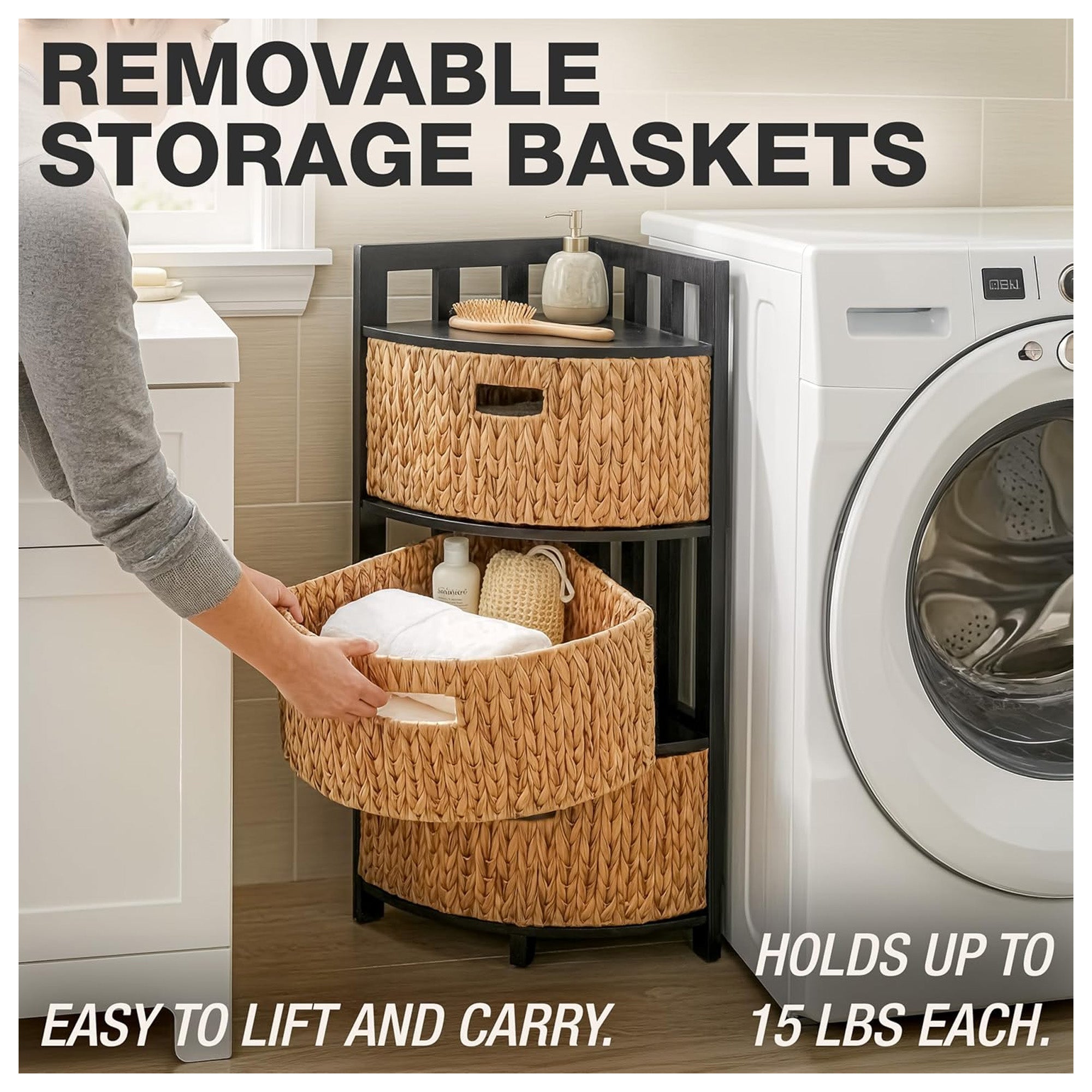 Homestead 3-Tier Corner Storage Cabinet, Hand-Woven & Triangular Base (Used) - VMInnovations